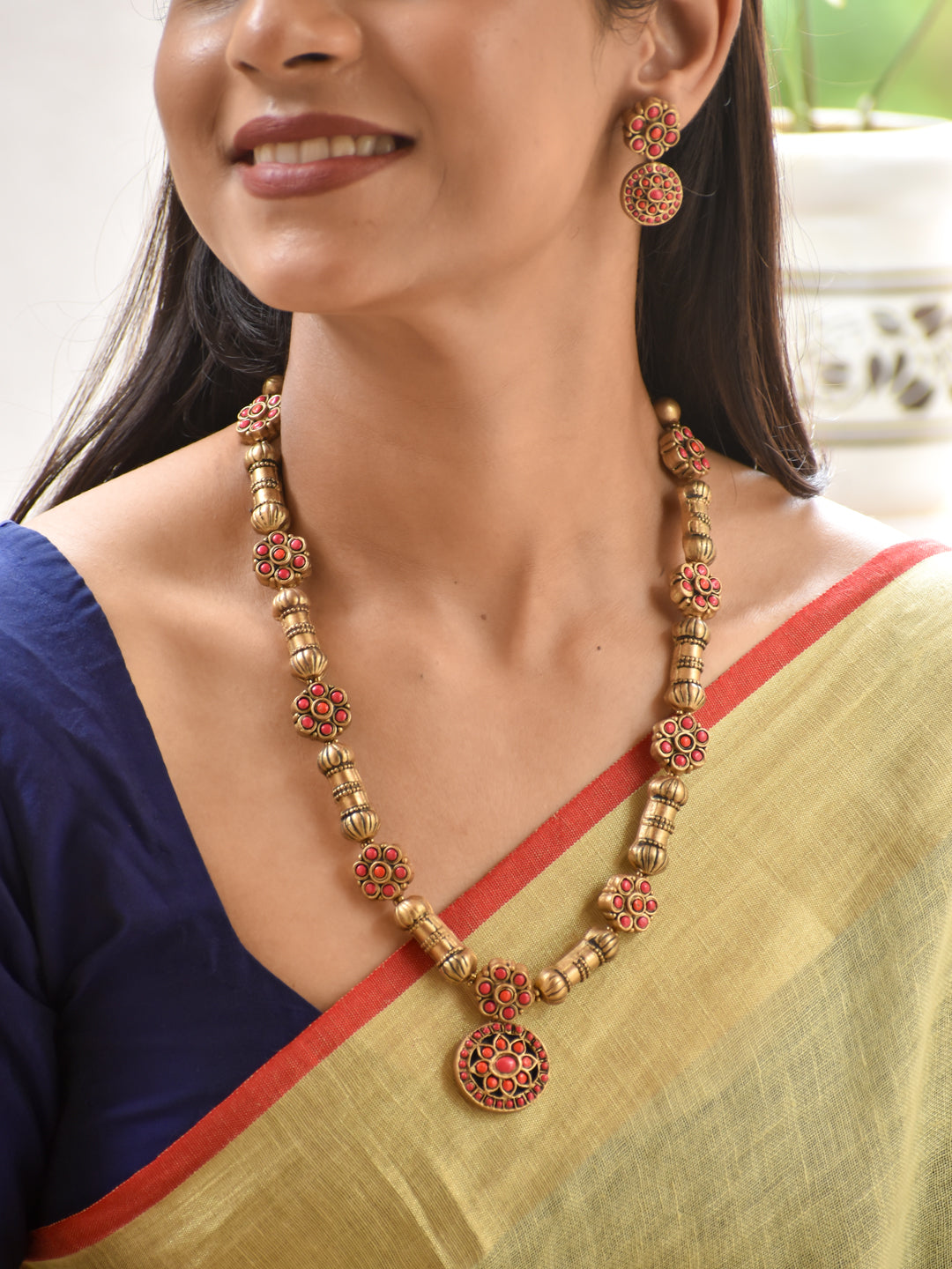 Hamsini - goddess Saraswati Ruby Floral Long Handmade Terracotta Necklace Set