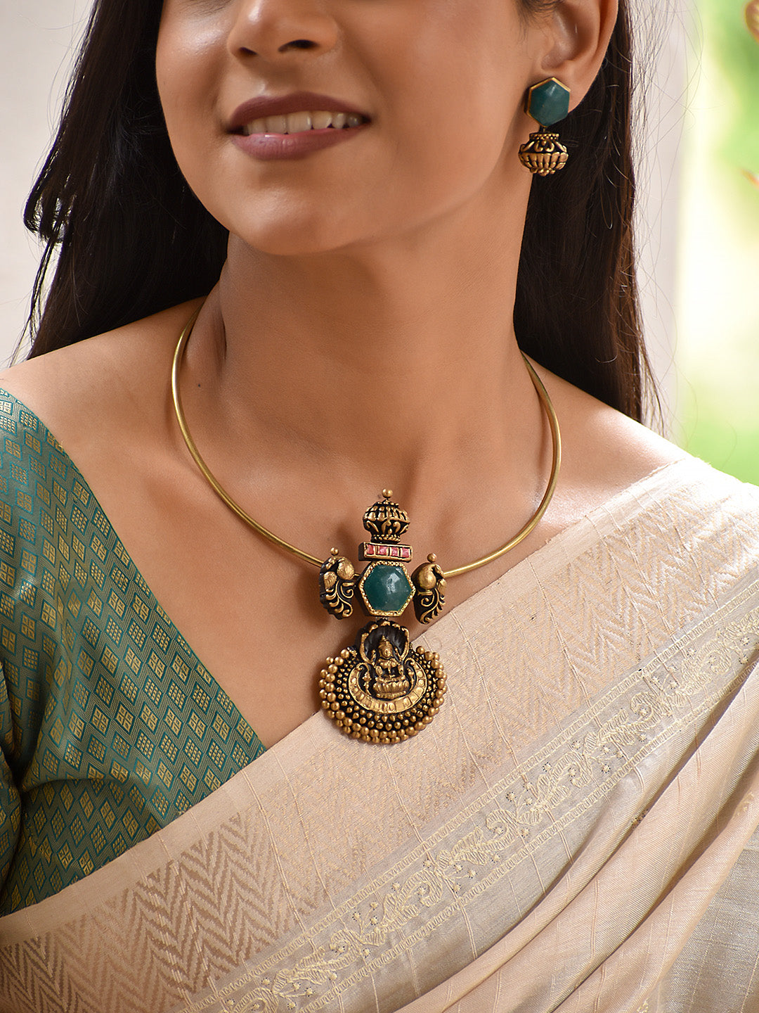 Indraneel — Blue Bead Layered Statement Necklace Set in Antique Gold