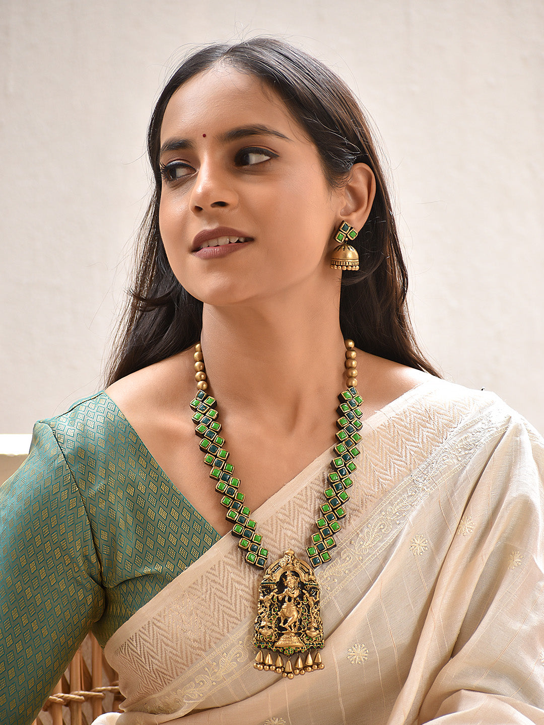 Govinda — Krishna Pendant Long Necklace Set in Antique Gold & Green