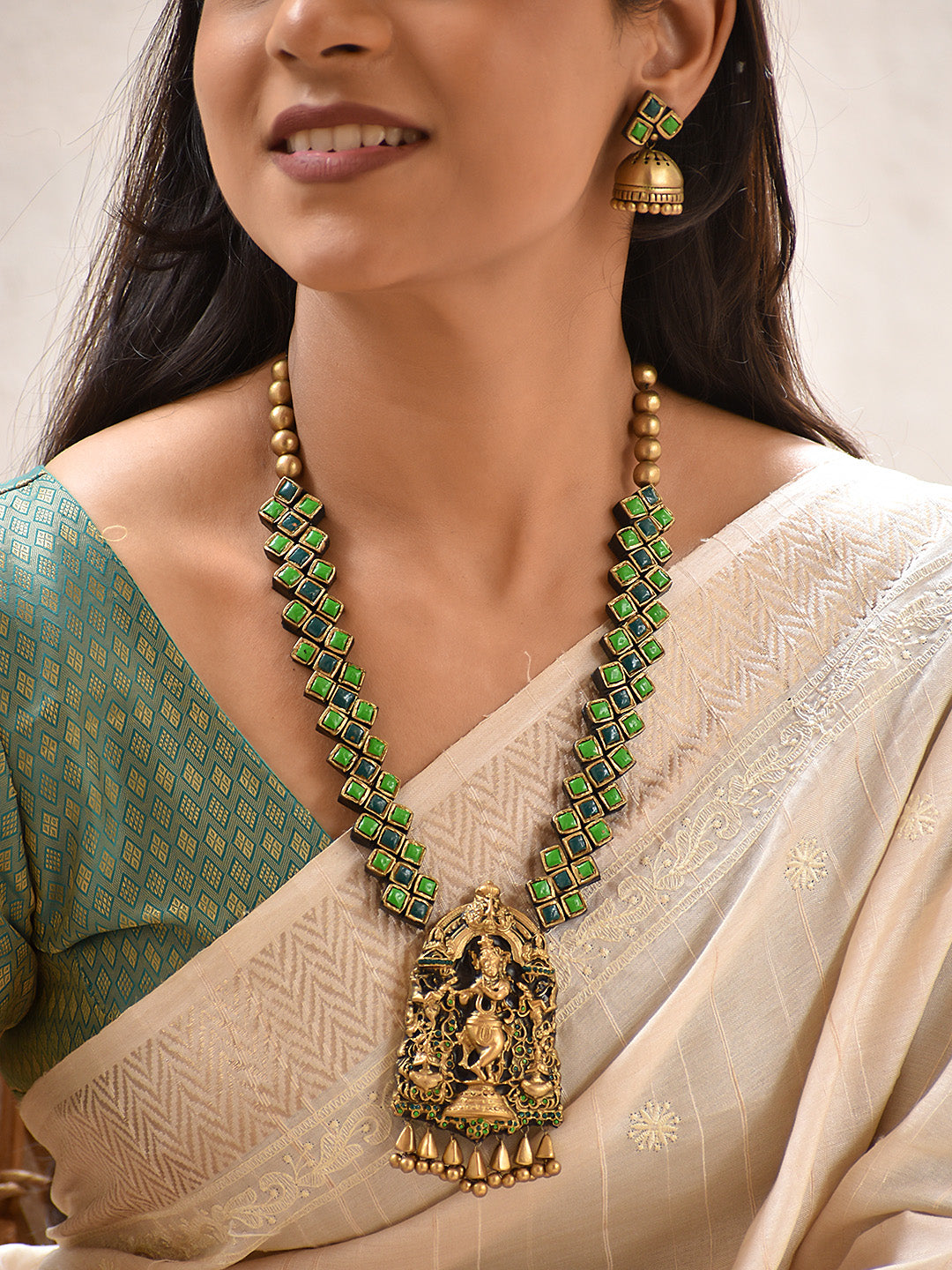 Govinda — Krishna Pendant Long Necklace Set in Antique Gold & Green