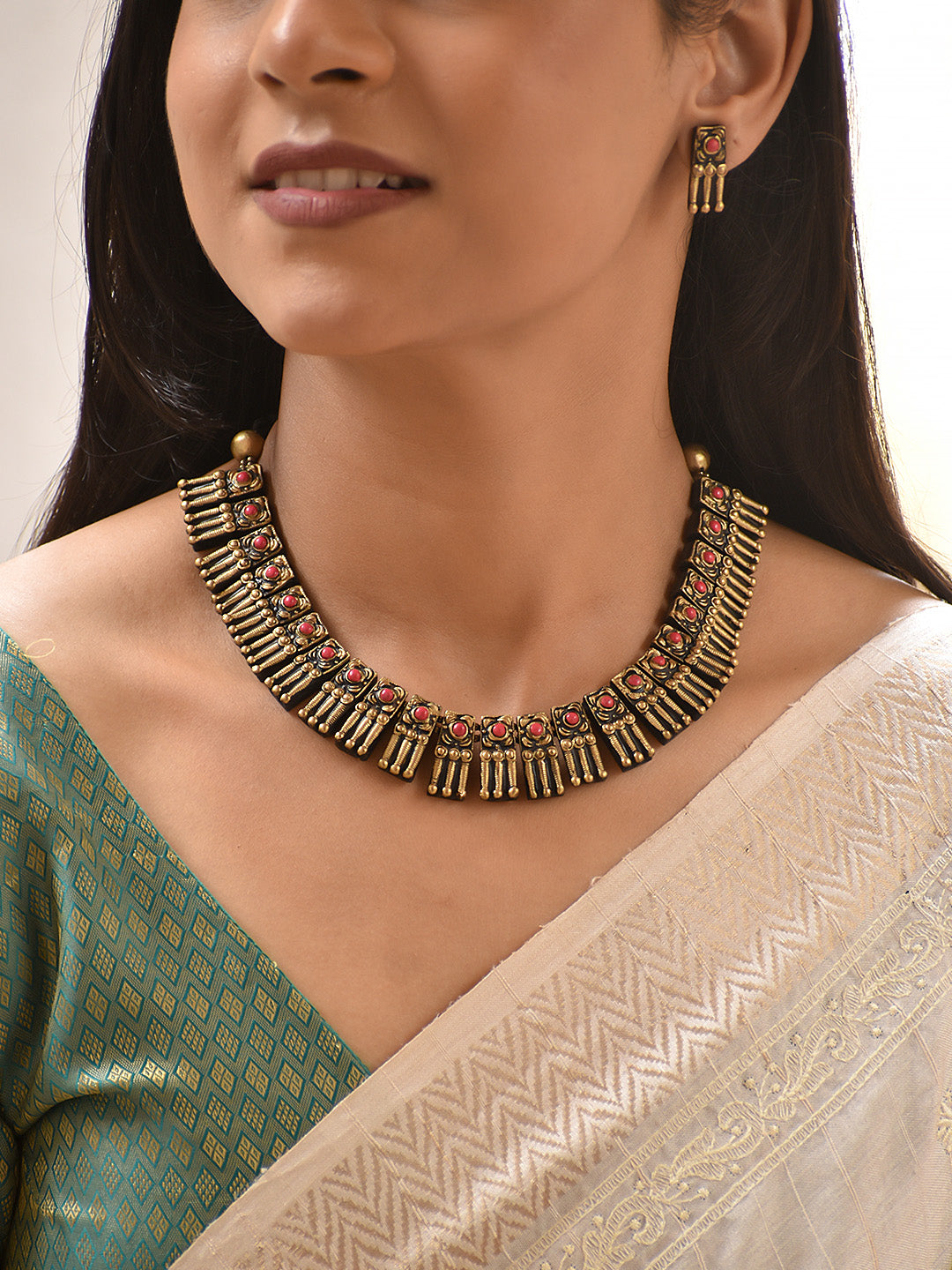 Agnika — Gold & Red Fringe Choker Necklace Set