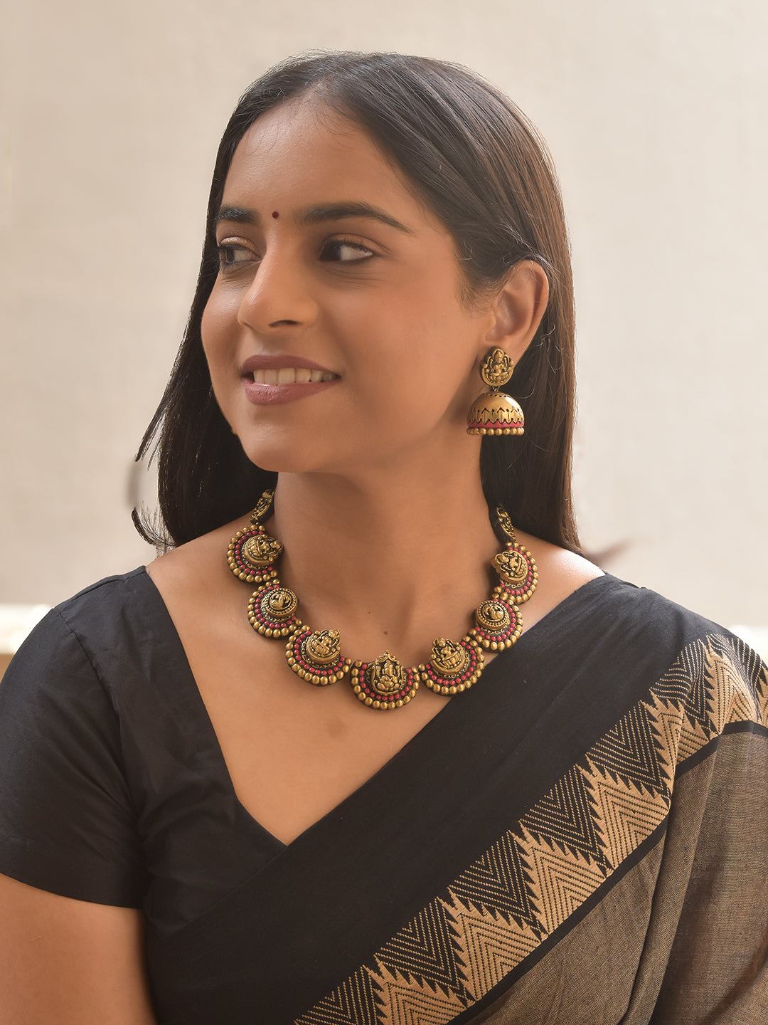 Sri Tamra Mala — Handmade Terracotta Lakshmi Motif Necklace Set with Antique Gold Beads and Red Accents