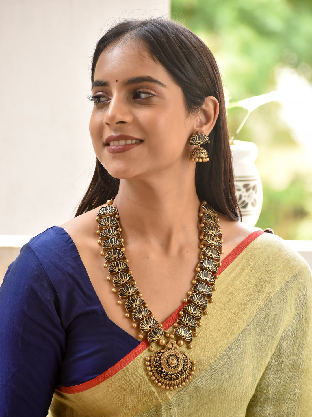 Ishani - goddess Parvati Antique Lotus Long Handmade Terracotta Necklace Set
