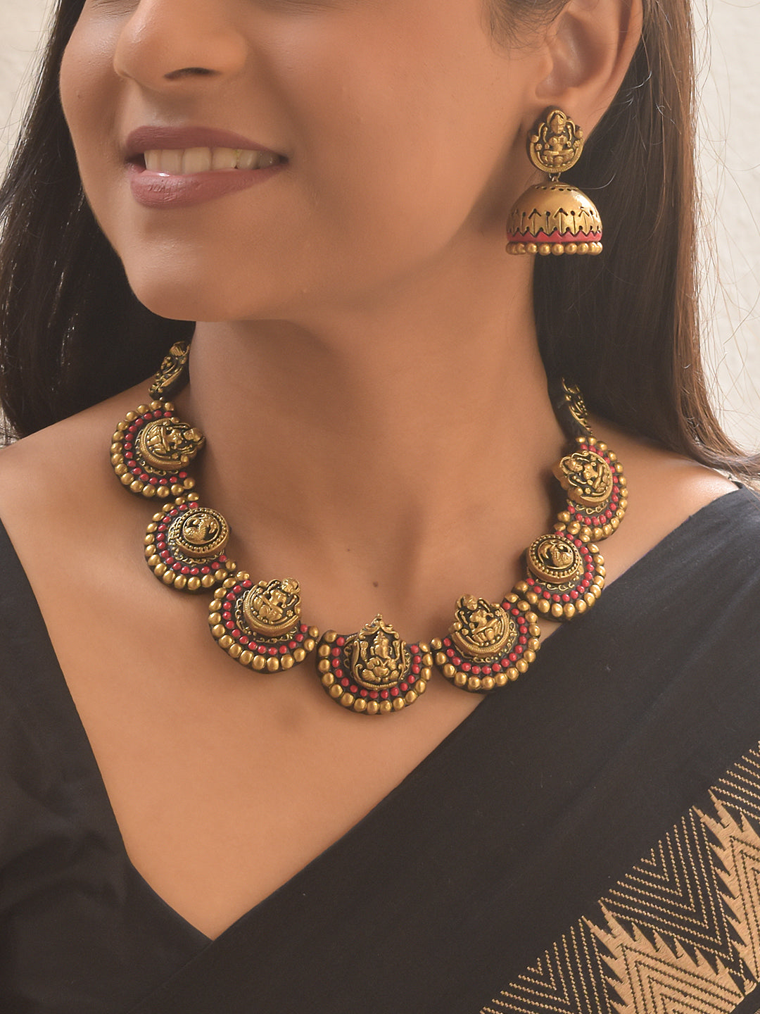 Sri Tamra Mala — Handmade Terracotta Lakshmi Motif Necklace Set with Antique Gold Beads and Red Accents