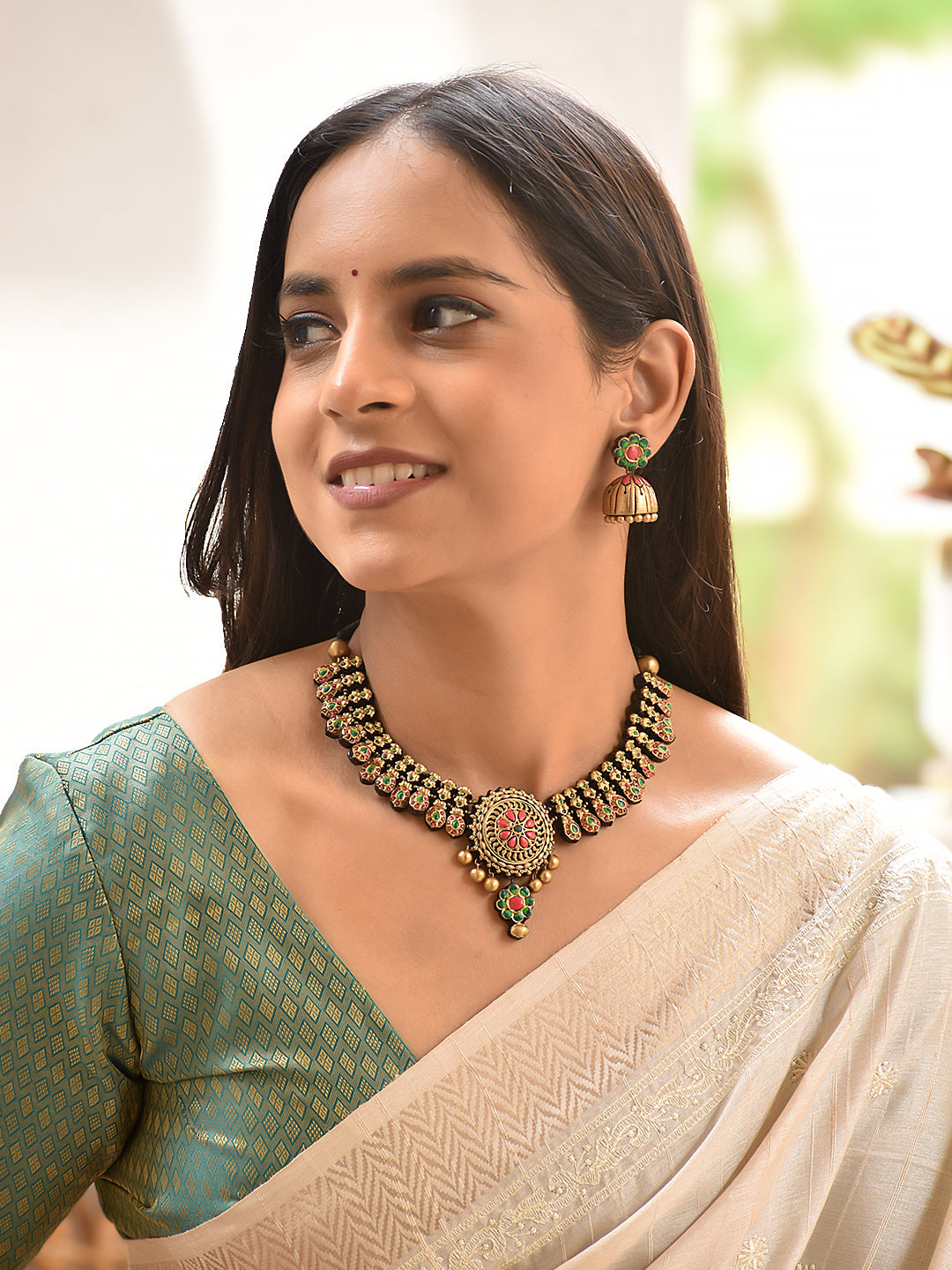 Devika — Green & Red Floral Temple Necklace Set