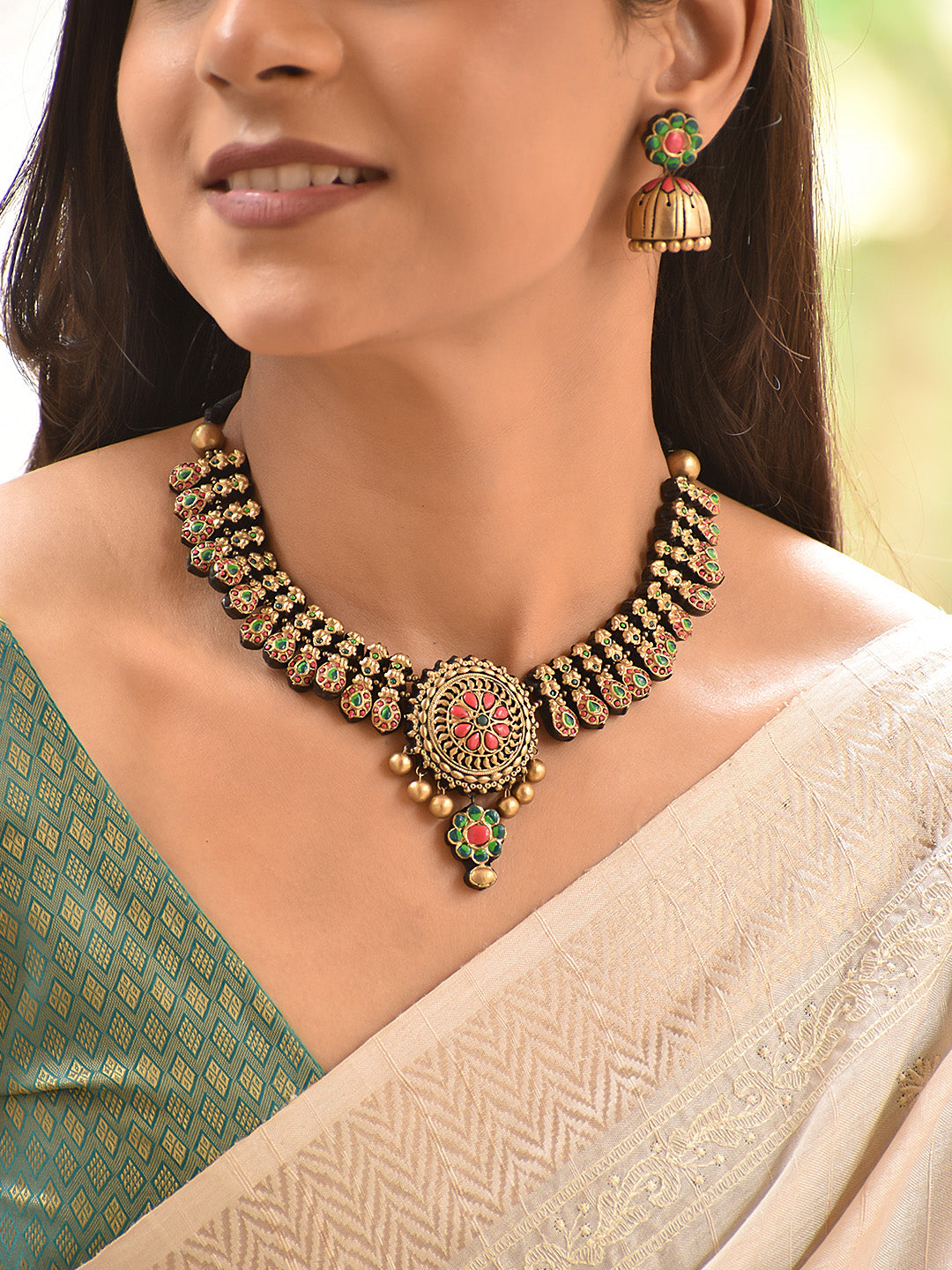 Devika — Green & Red Floral Temple Necklace Set
