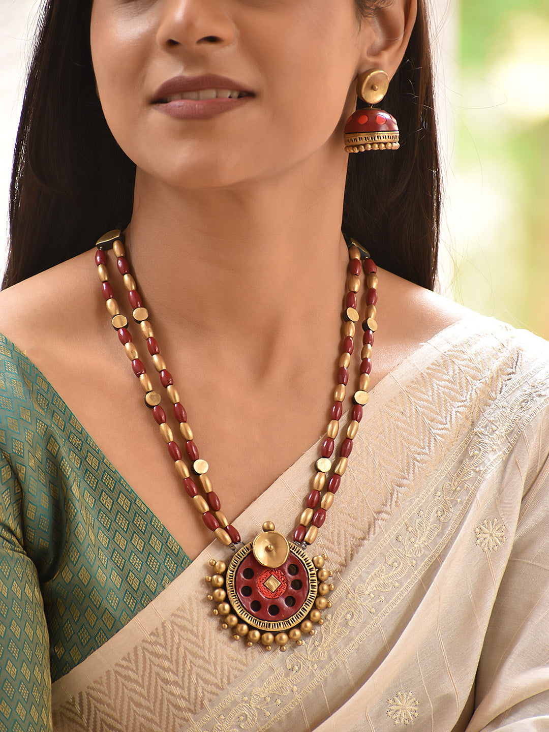 Rohini — Red Beaded Dual Layer Pendant Necklace Set