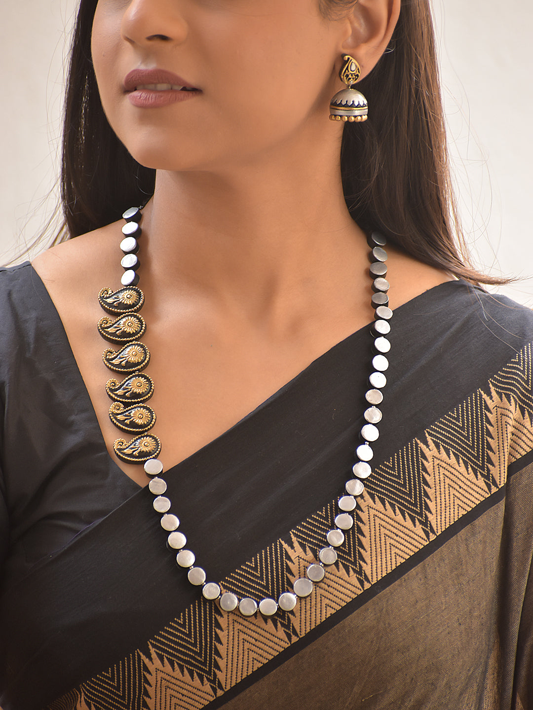 Rajata Paisley Chakra — Terracotta Paisley Silver Disc Necklace Set With Jhumkas