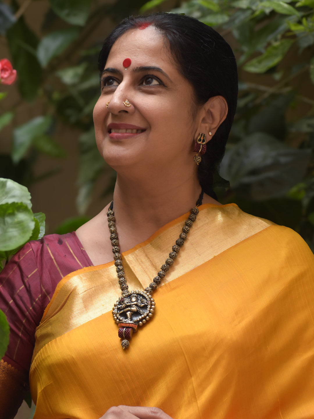 Handcrafted Terracotta Rudraksha Bead Necklace Set with Lord Shiva Pendant and Matching Earrings - Kantara