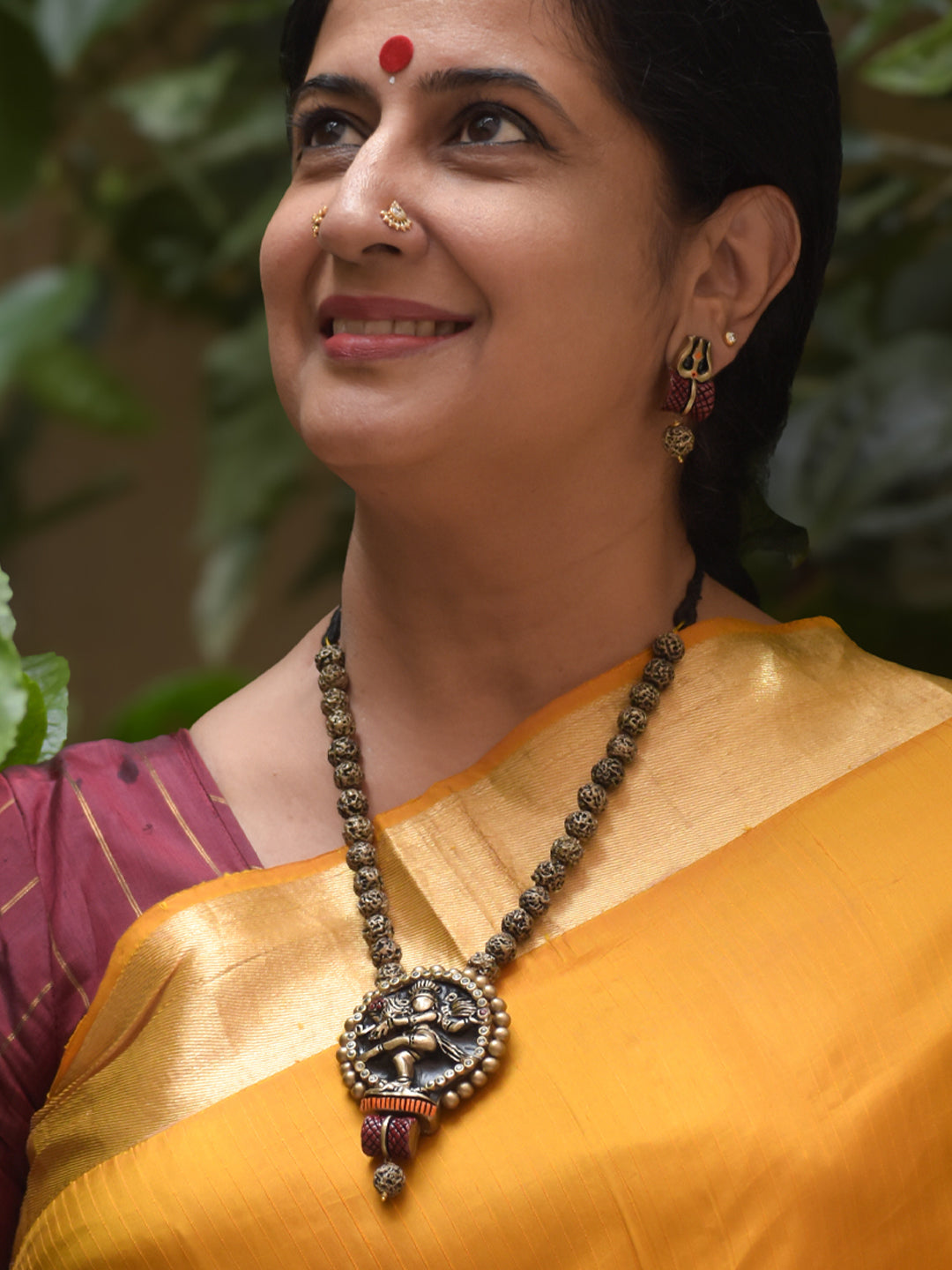 Handcrafted Terracotta Rudraksha Bead Necklace Set with Lord Shiva Pendant and Matching Earrings - Kantara