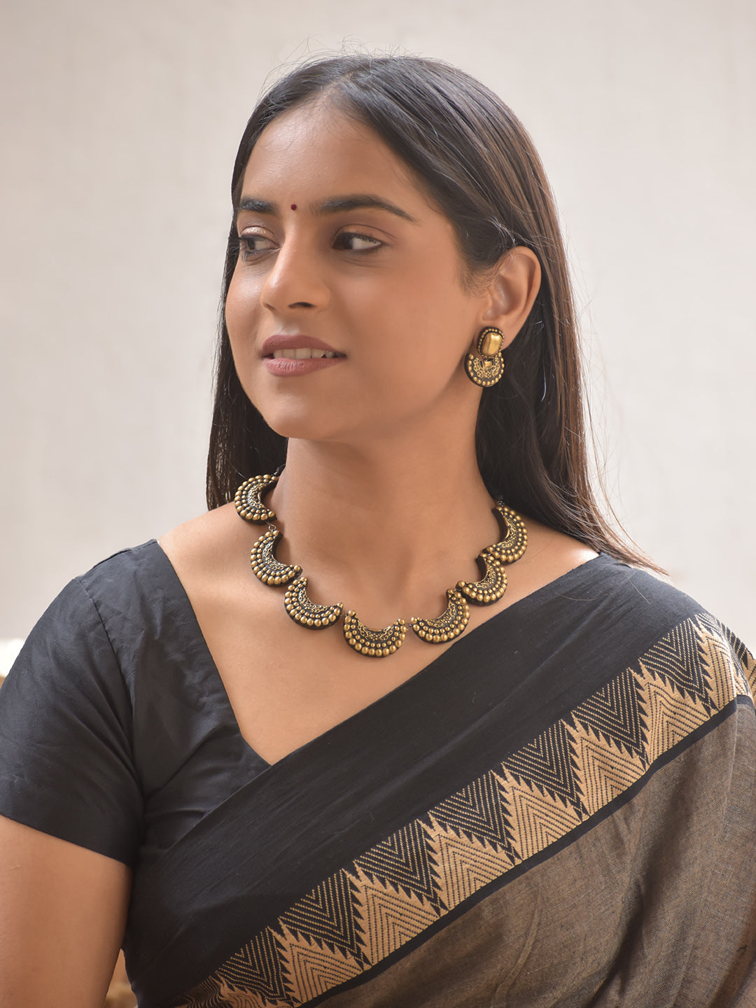 Chandra Raja Kanta — Terracotta Crescent Necklace Set With Jhumkas