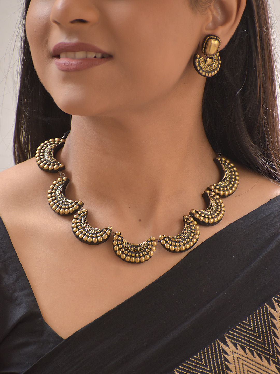 Chandra Raja Kanta — Terracotta Crescent Necklace Set With Jhumkas