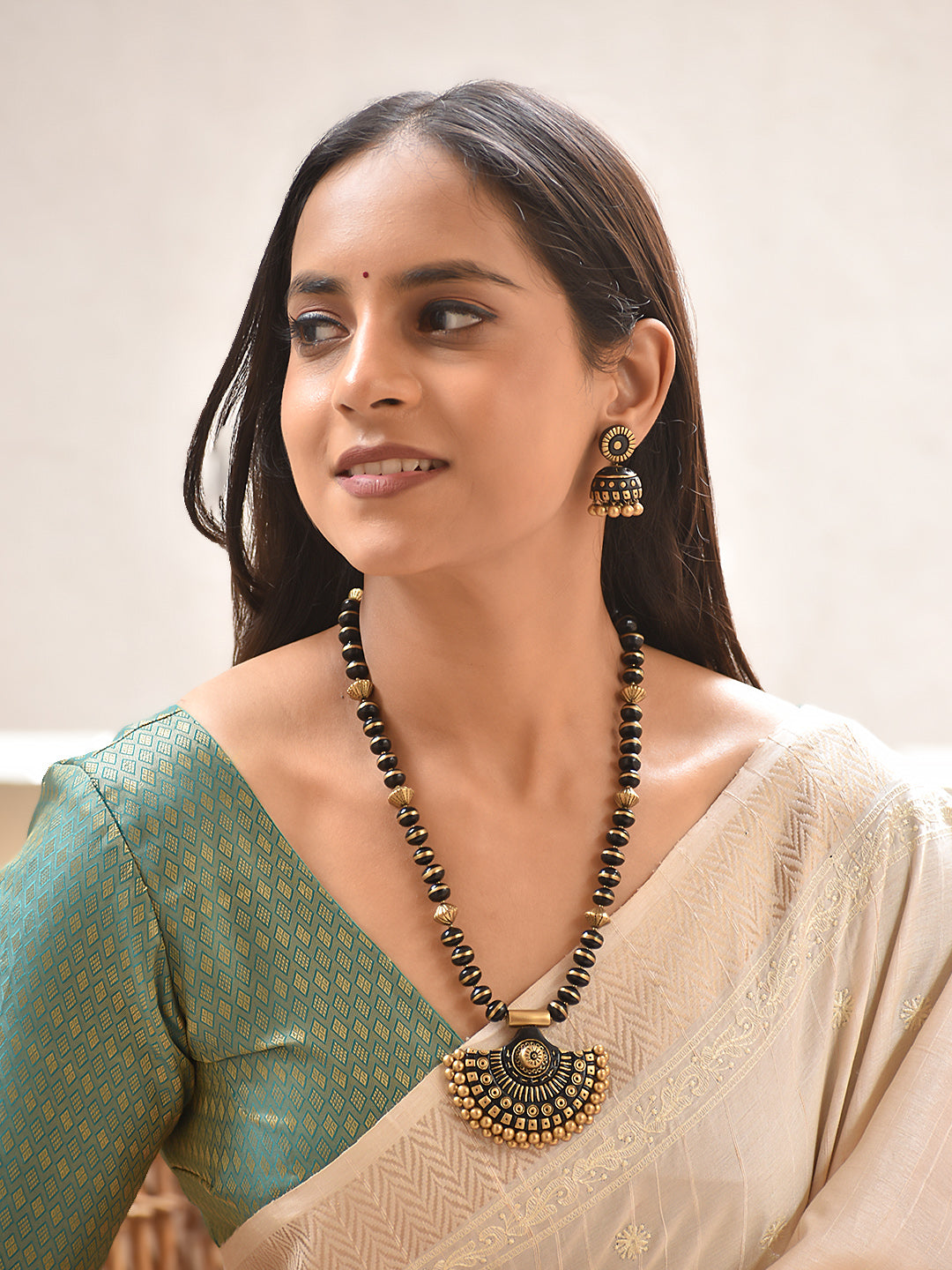 Yamini — Black Beaded Temple Pendant Necklace Set