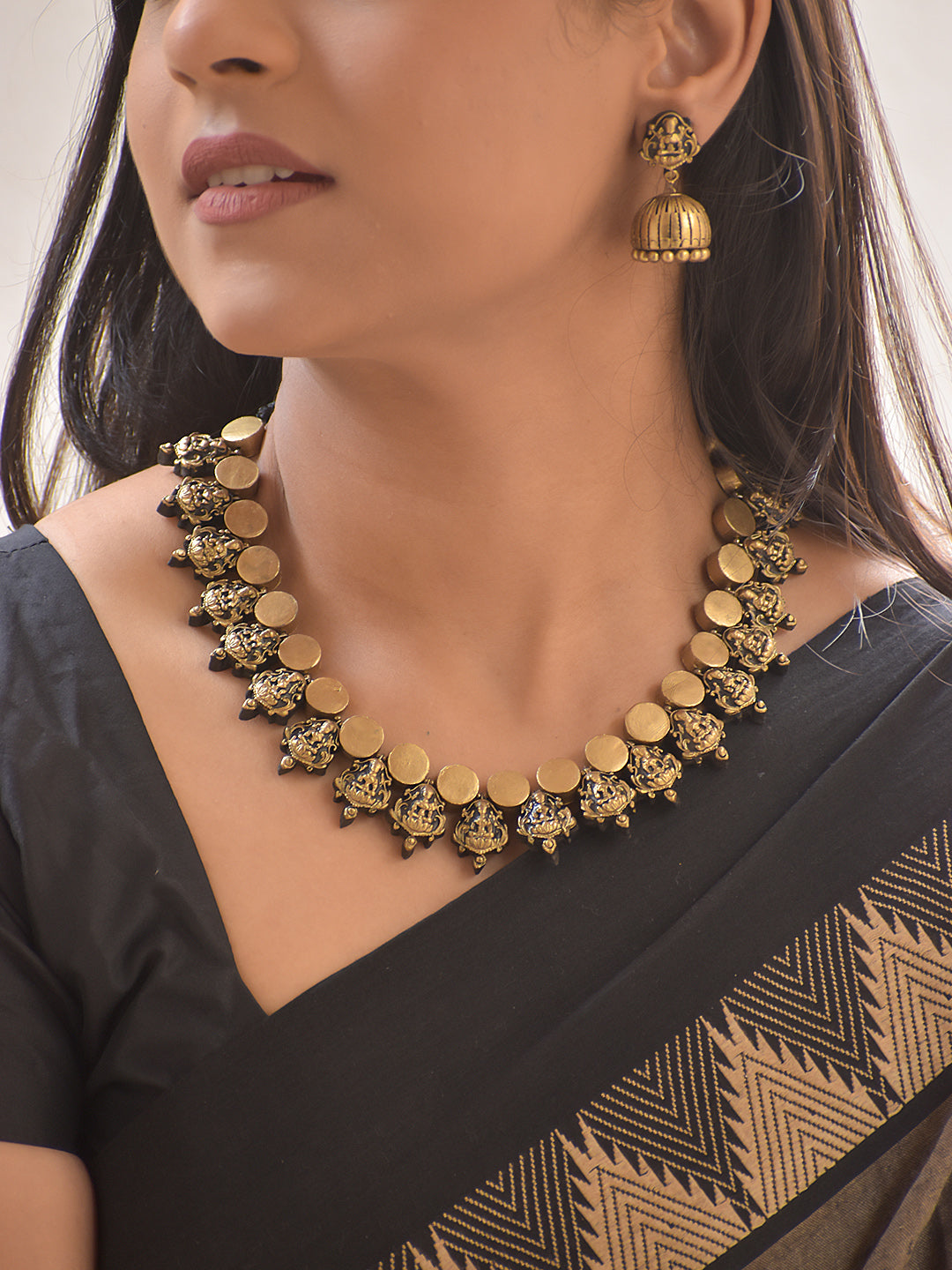 Lakshmi Kuberanka — Handmade Terracotta Lakshmi Coin Temple Necklace Set with Antique Jhumkas