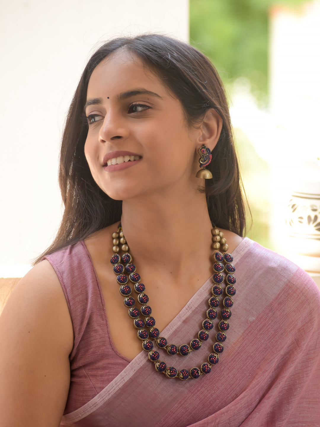 Navy Blue, Pink & Antique Gold Double Layer Necklace Set