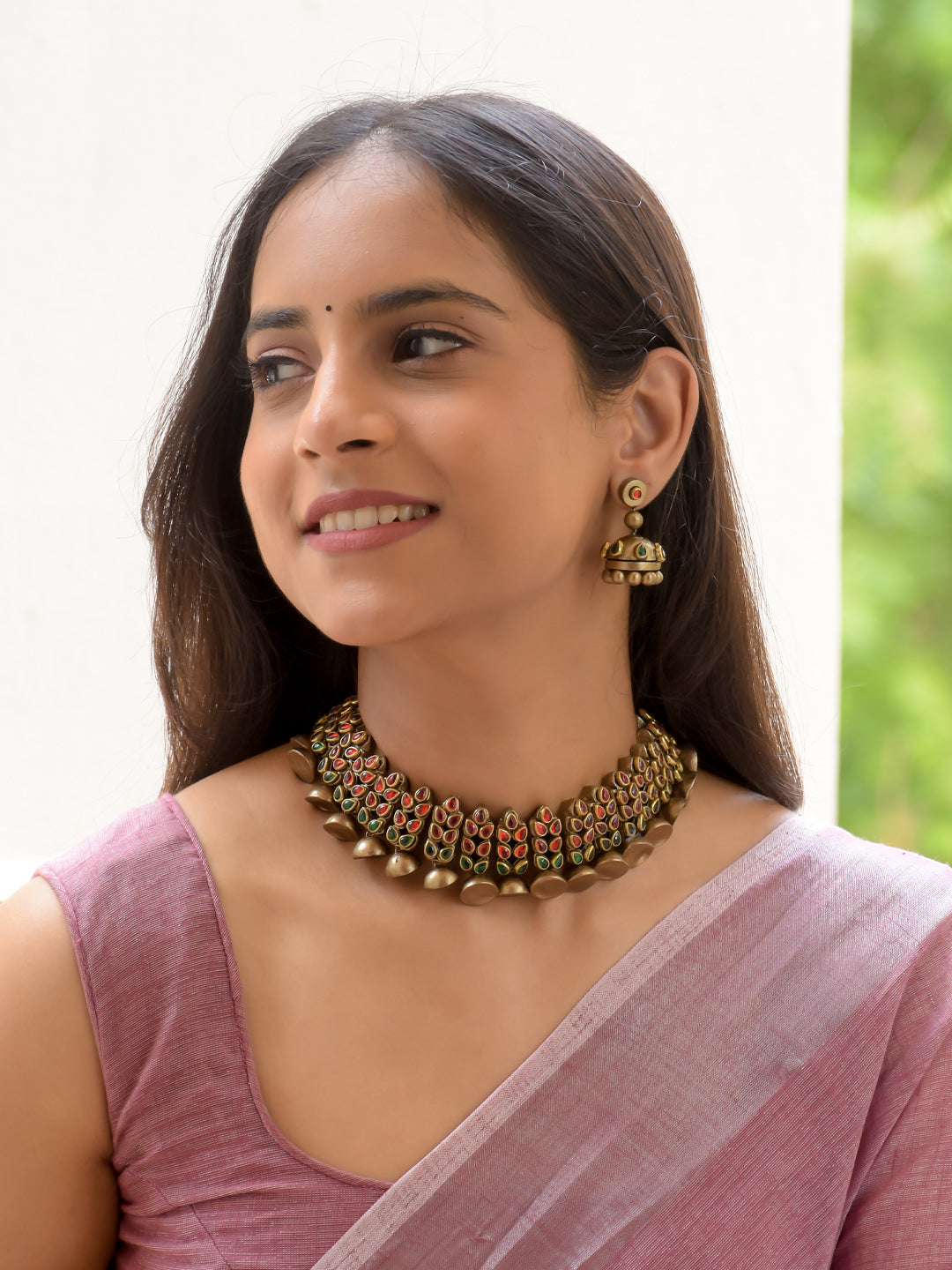 Antique Gold, Red & Green Peacock Choker Necklace Set