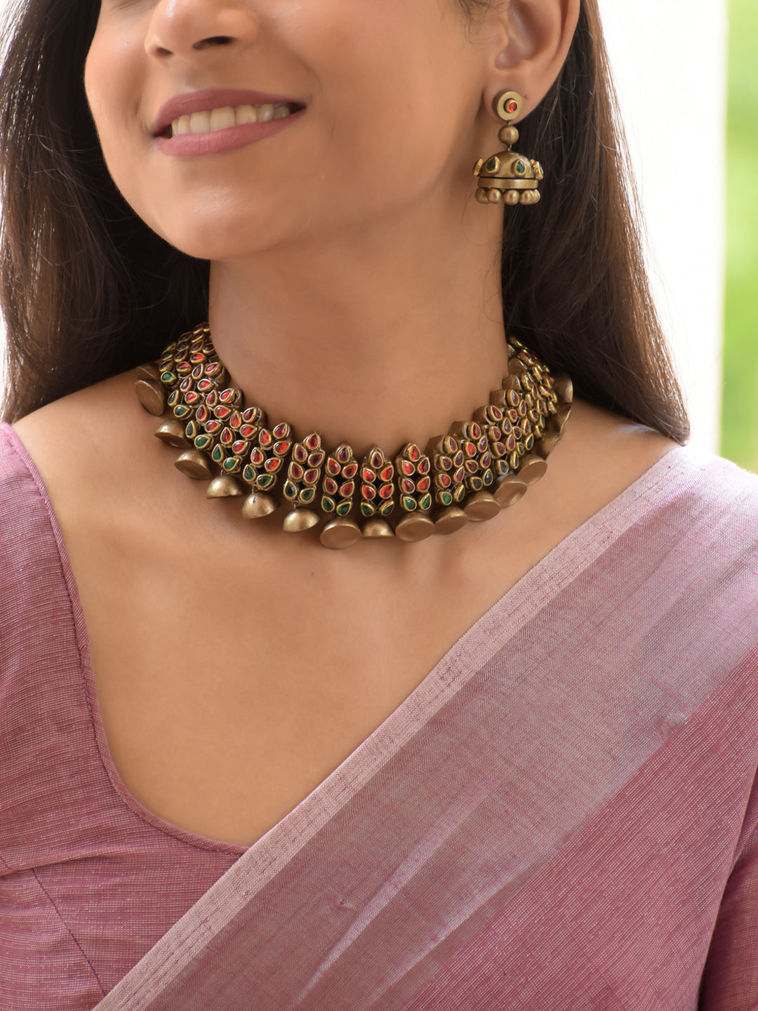 Antique Gold, Red & Green Peacock Choker Necklace Set