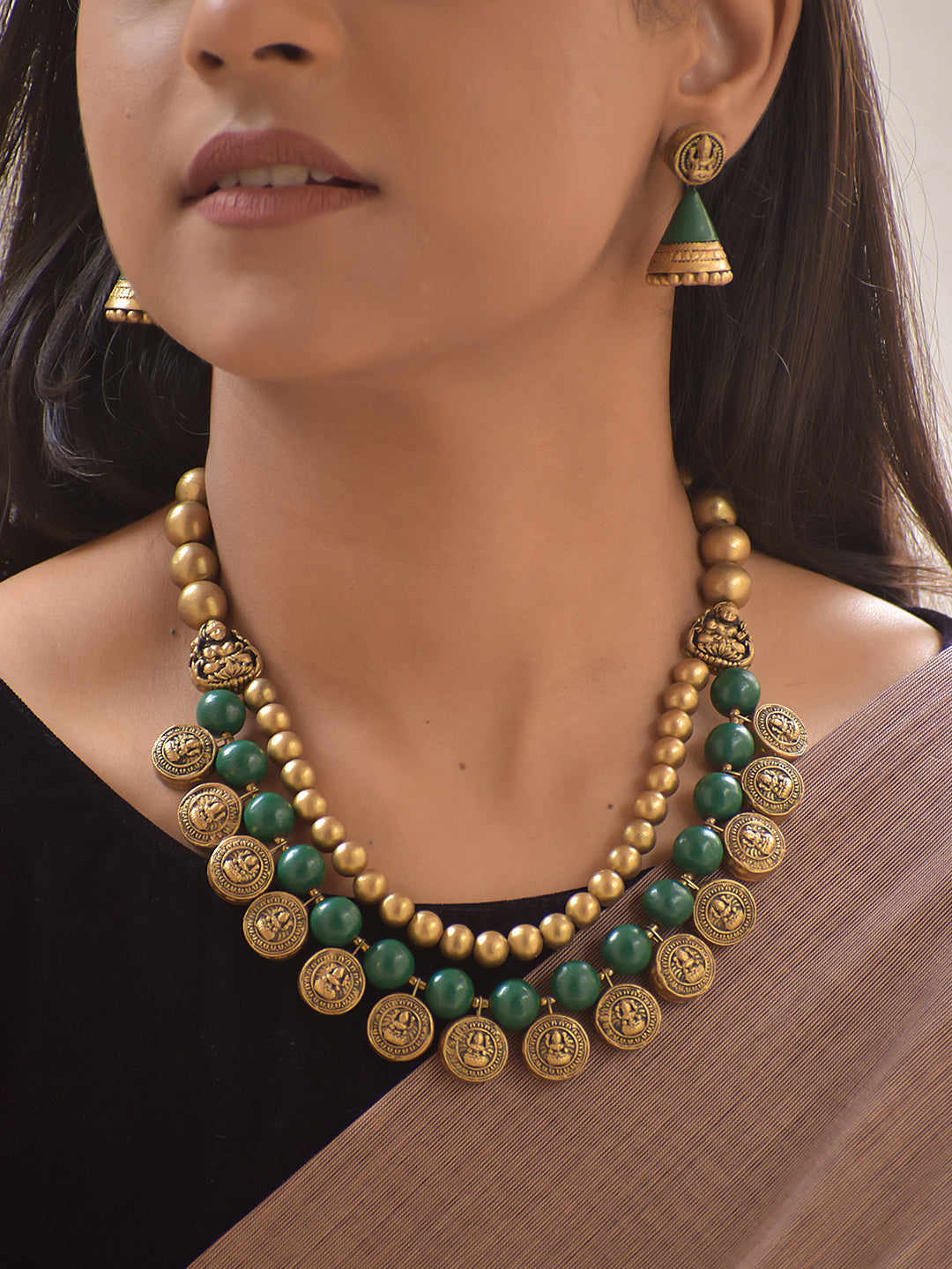 Shringarika – Handmade Terracotta Lakshmi Coin Necklace Set with Green Beads and Antique Temple Jhumka Earrings