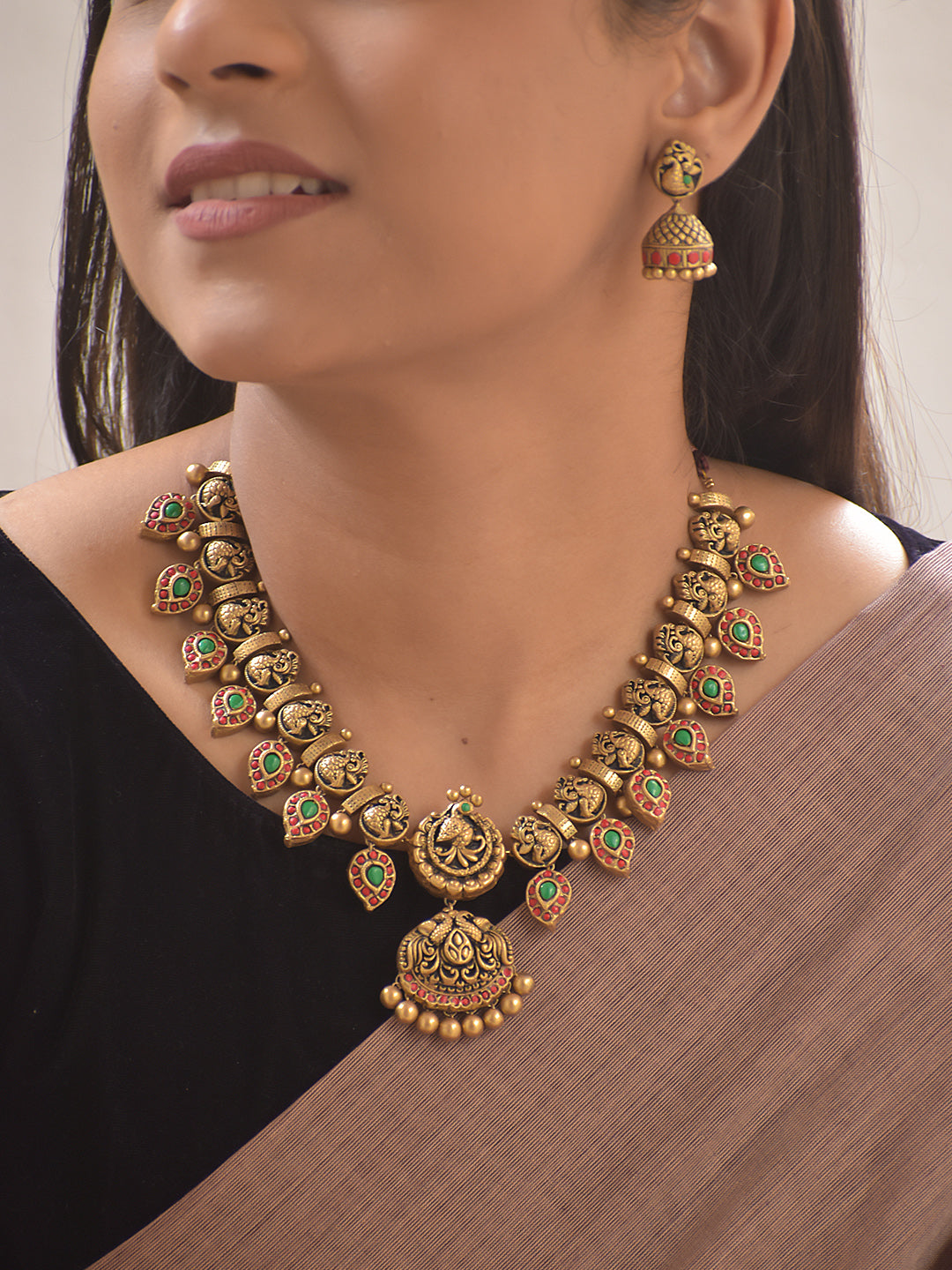 Hamsika – Handmade Terracotta Antique Swan Necklace Set with Red-Green Leaf Motifs and Engraved Jhumka Earrings