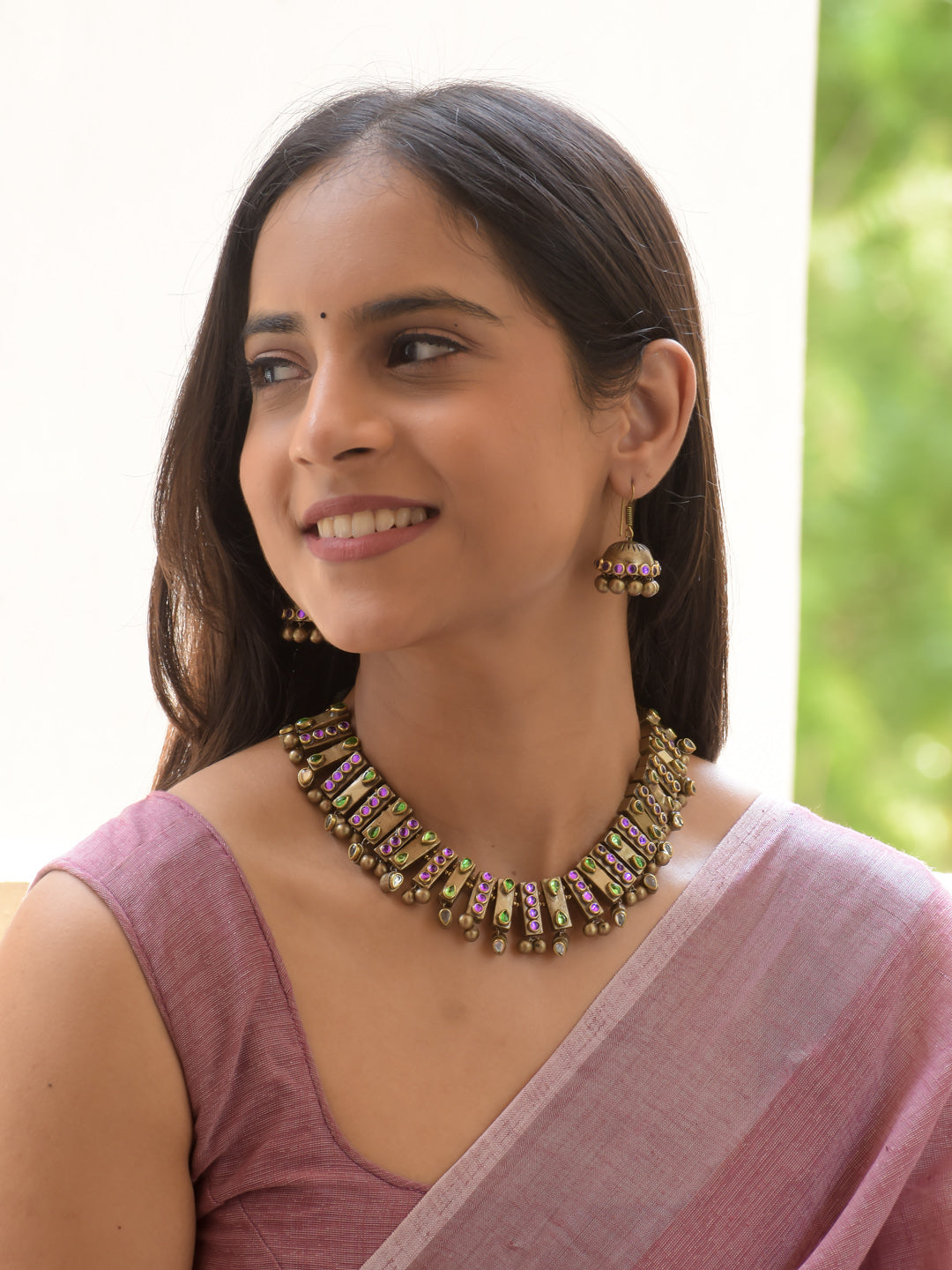 Purple, Green & Antique Gold Temple Choker Necklace Set