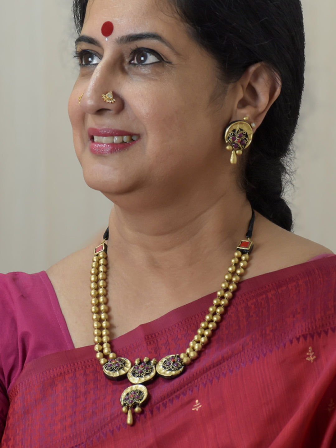 Handcrafted Terracotta Antique Gold Choker Set with Red Floral Motifs