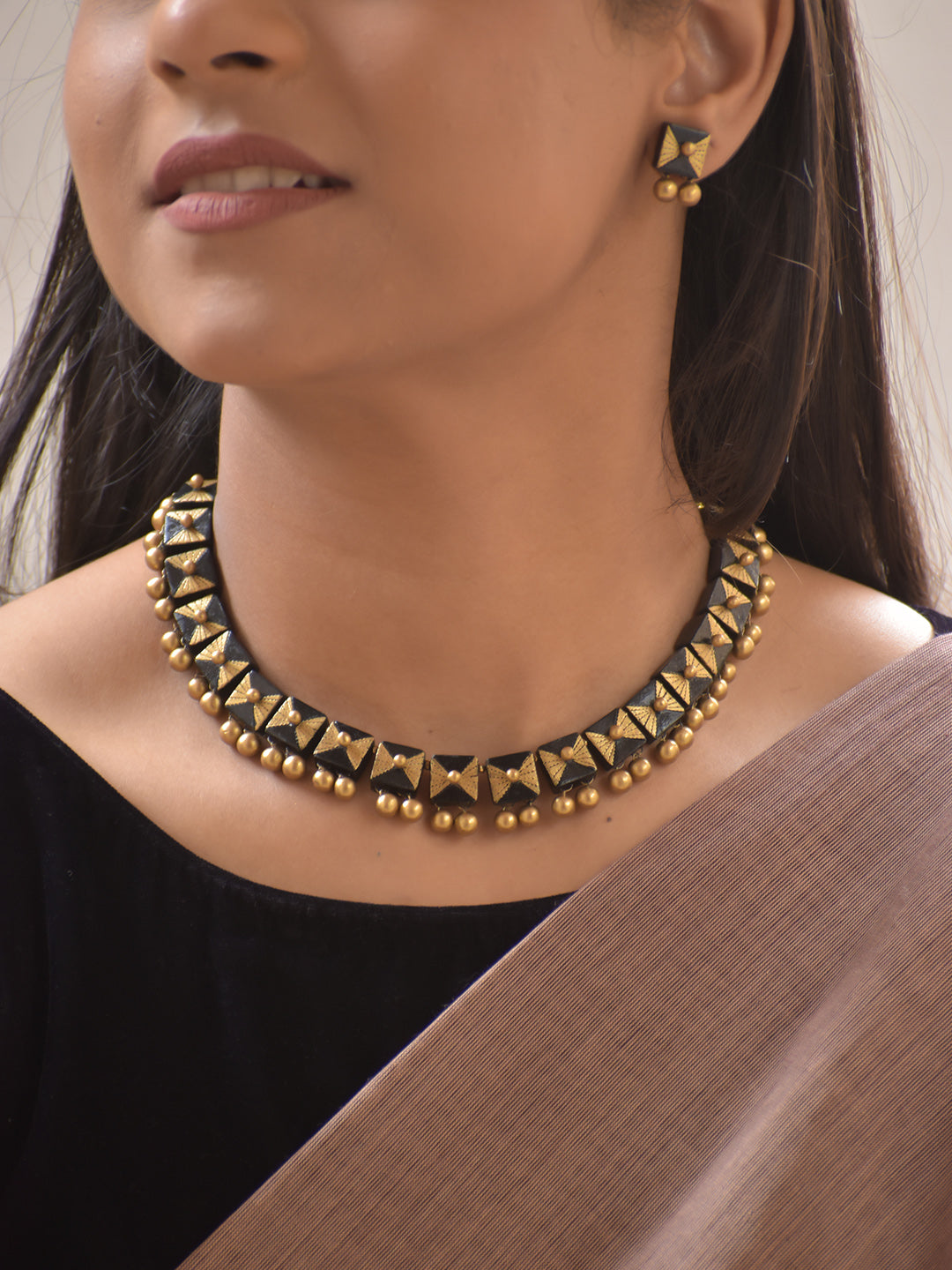 Terracotta Black Pyramid Beads Necklace Set with Golden Pearl Drops
