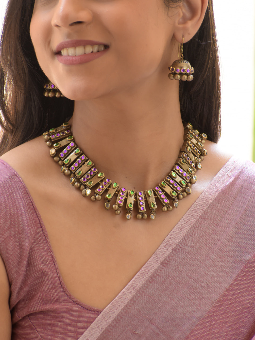 Purple, Green & Antique Gold Temple Choker Necklace Set