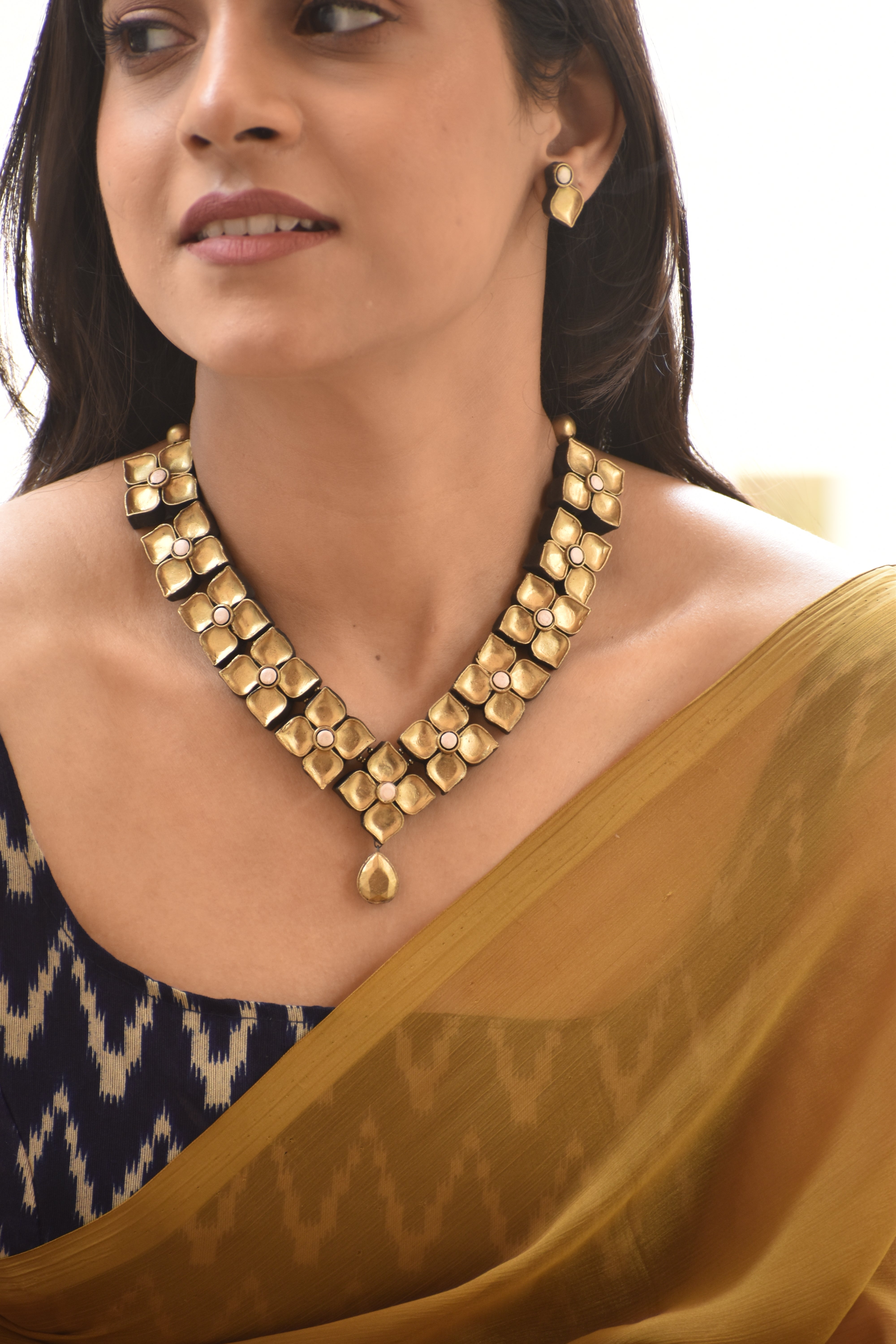 Terracotta Gold-Tone Floral Tile Necklace