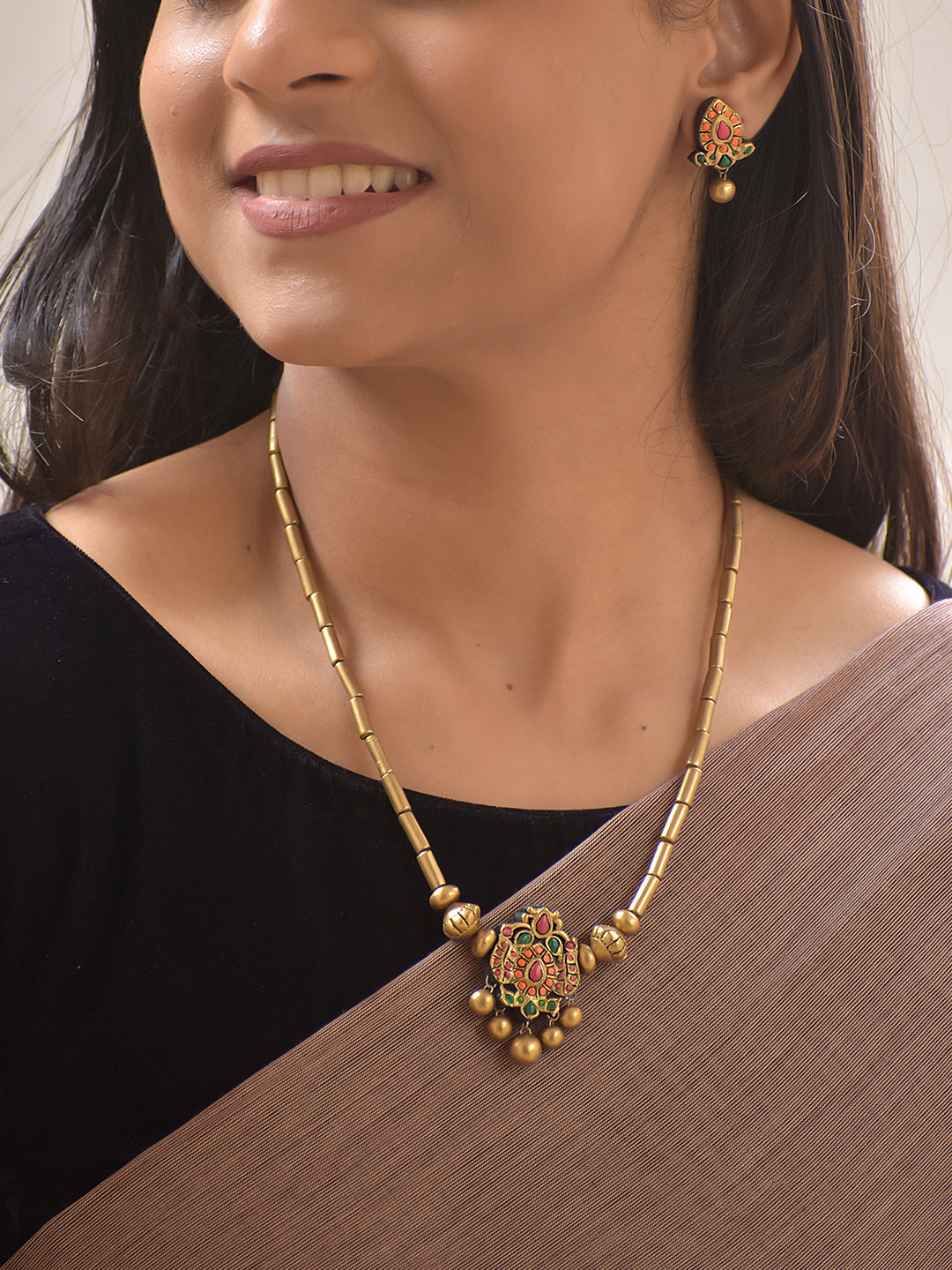 Pushpa Mani Jhumka — Terracotta Charm Necklace Set With Jhumkas