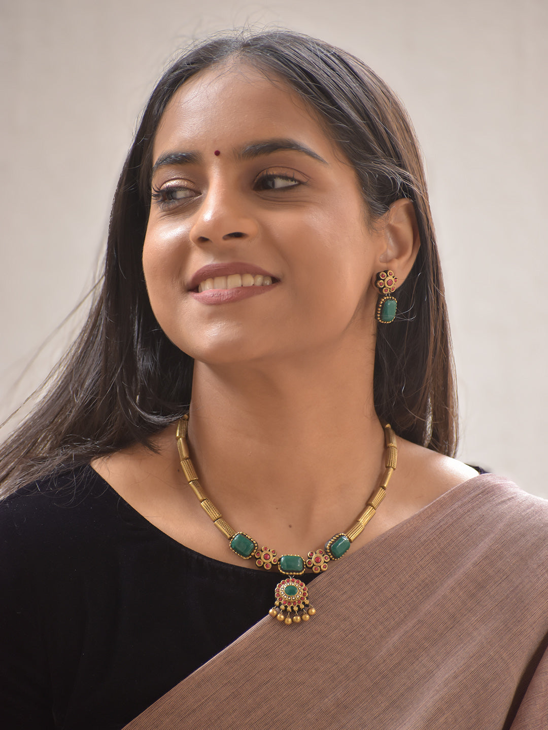 Harita Pushpa Mala — Terracotta Emerald Blossom Necklace Set With Earrings