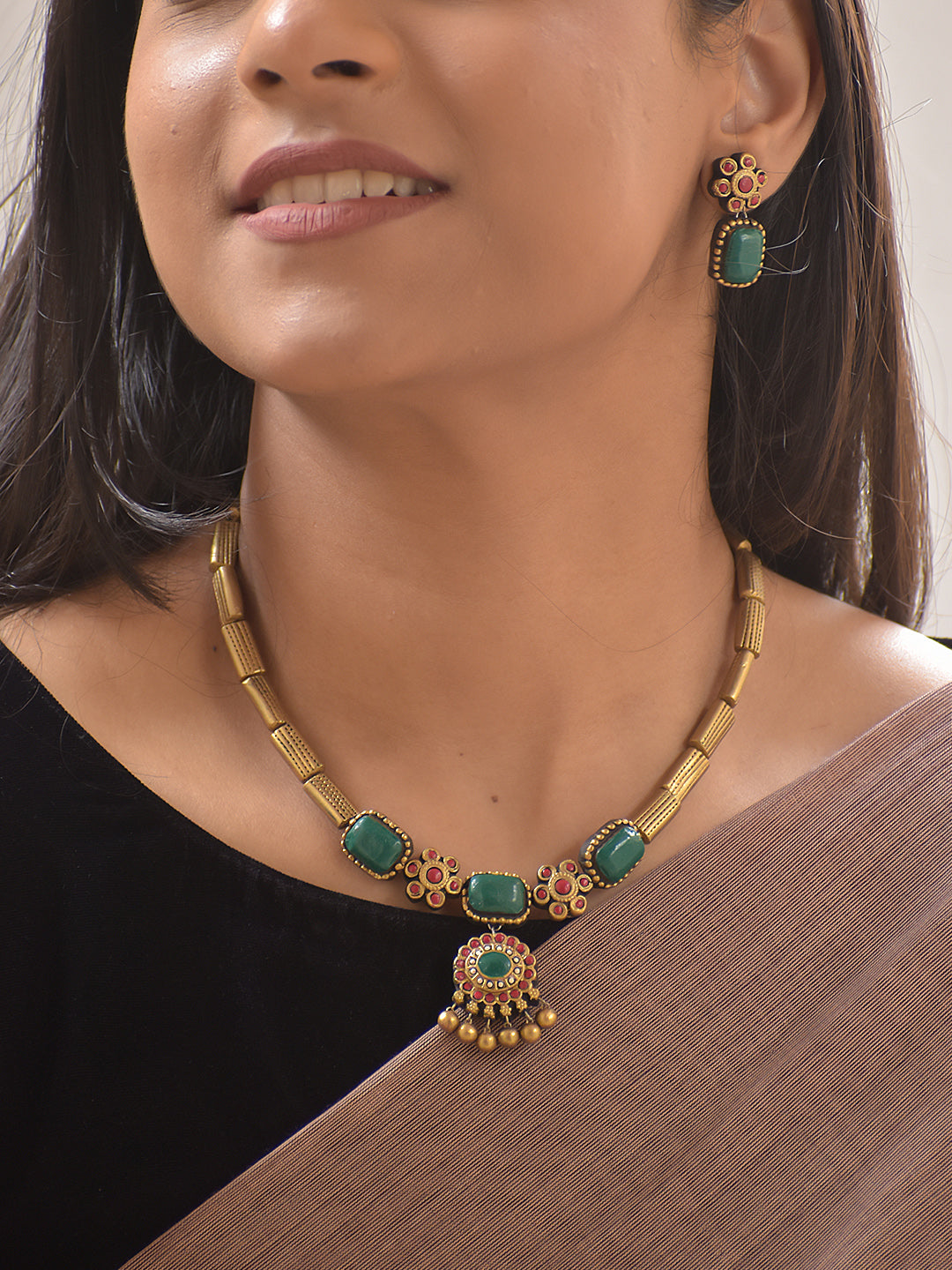 Harita Pushpa Mala — Terracotta Emerald Blossom Necklace Set With Earrings