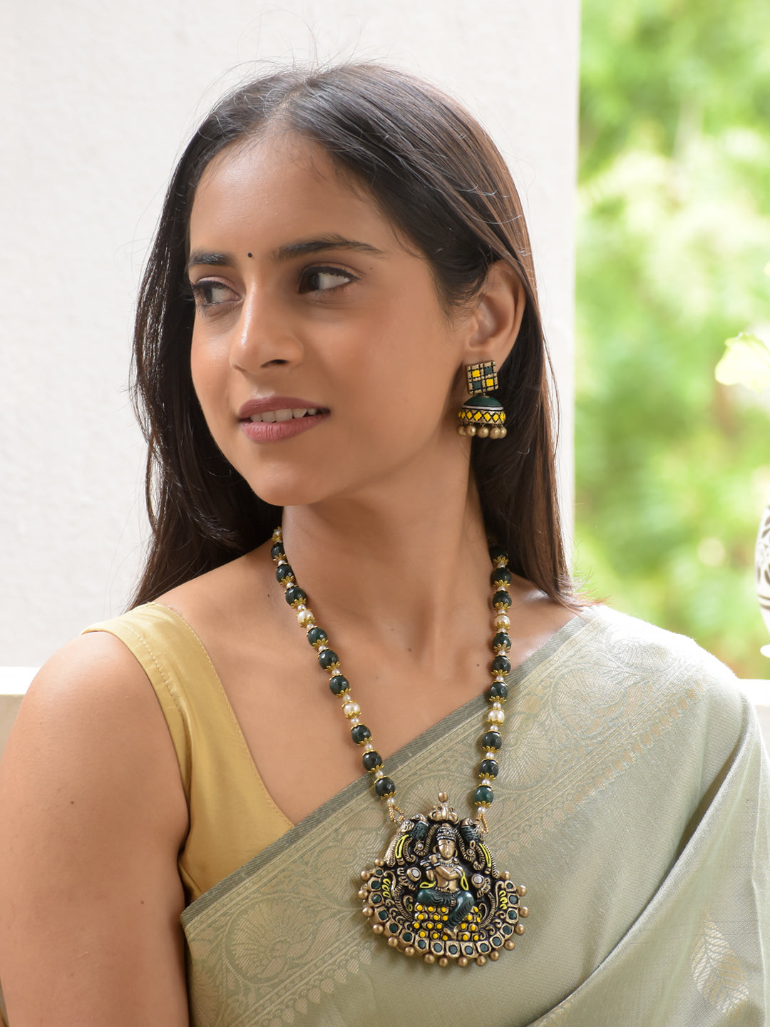 Black, Green, Yellow & Pearl Lakshmi Temple Necklace Set