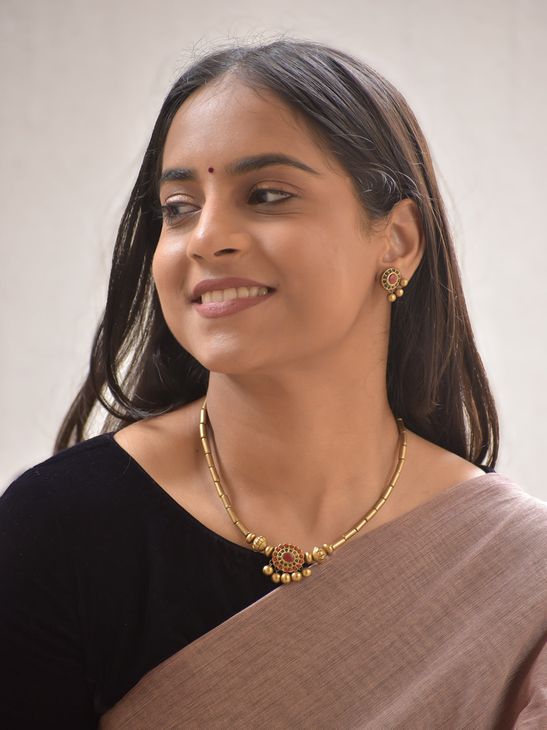 Suvarna Chakra Rakta — Terracotta Gold-Toned Round Motif Necklace Set with Red Accents