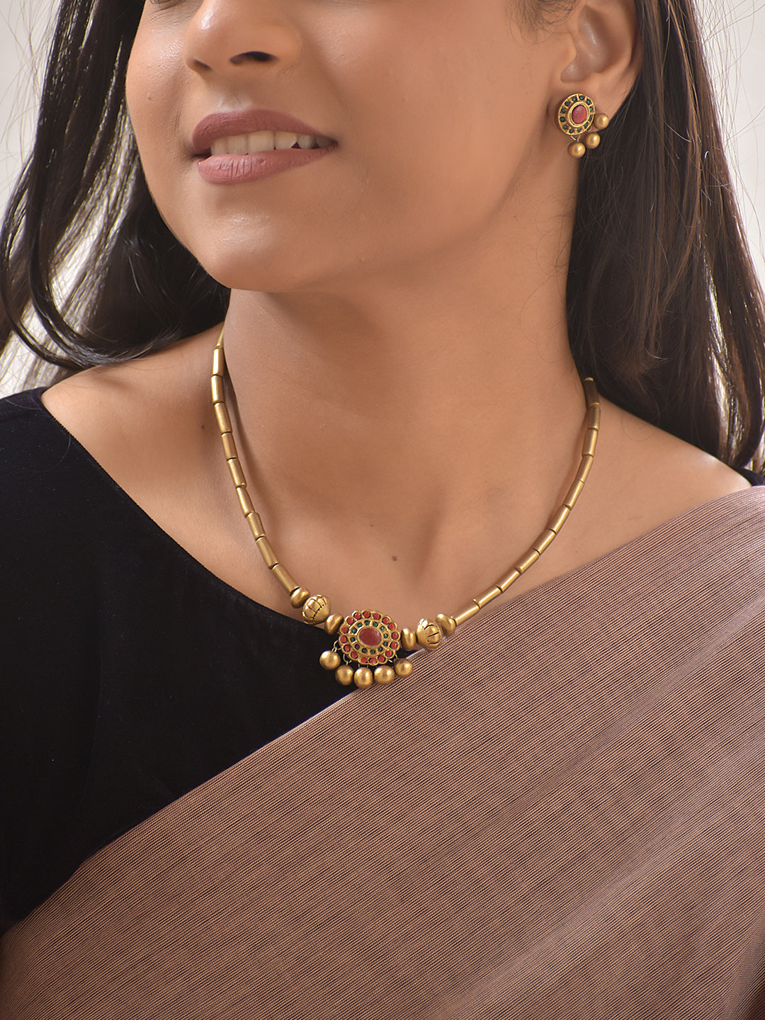 Suvarna Chakra Rakta — Terracotta Gold-Toned Round Motif Necklace Set with Red Accents