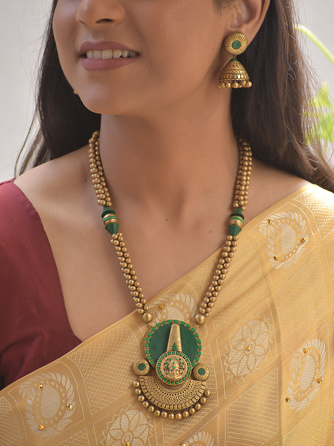 Kathakali Nritya Roopam — Kathakali Design Hand Painted Finish Terracotta Jewellery Set With Jhumkas