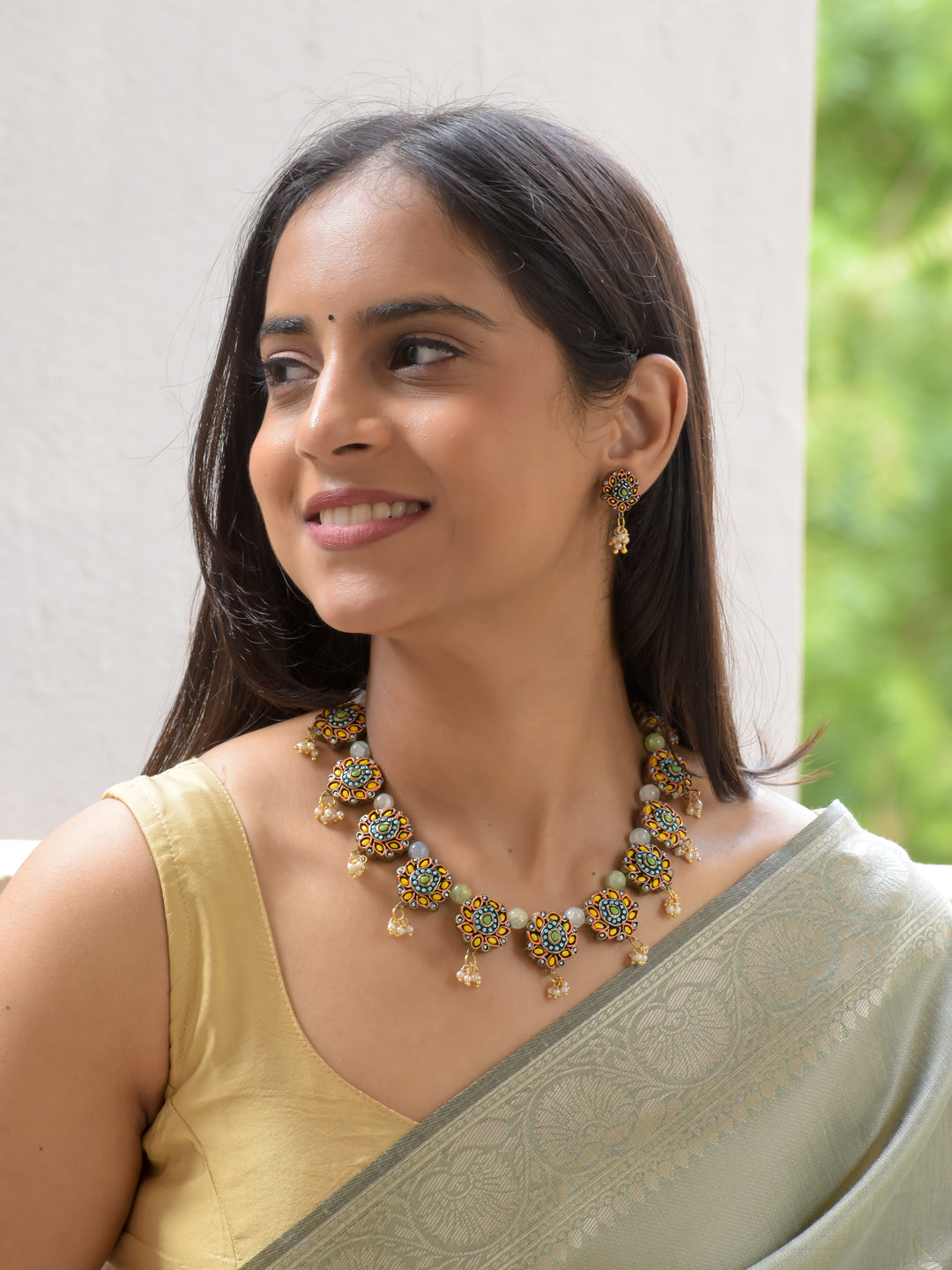 Orange, Green, Blue & Pearl Floral Necklace Set