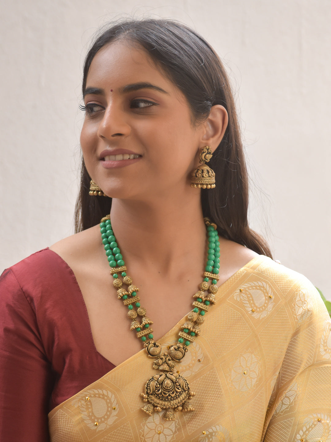 Mayuri Padma Mayura — Lotus Peacock Terracotta Necklace Set With Jhumkas