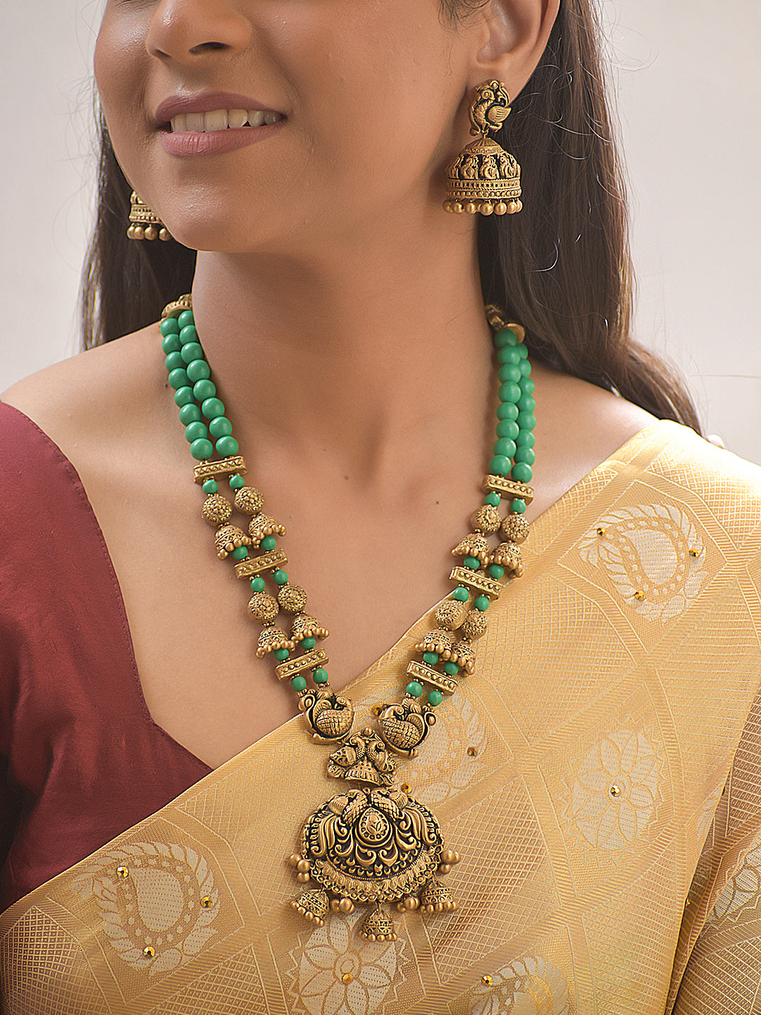 Mayuri Padma Mayura — Lotus Peacock Terracotta Necklace Set With Jhumkas
