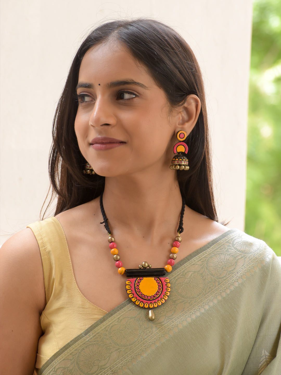Orange, Pink, Black & Antique Gold Statement Pendant Necklace Set