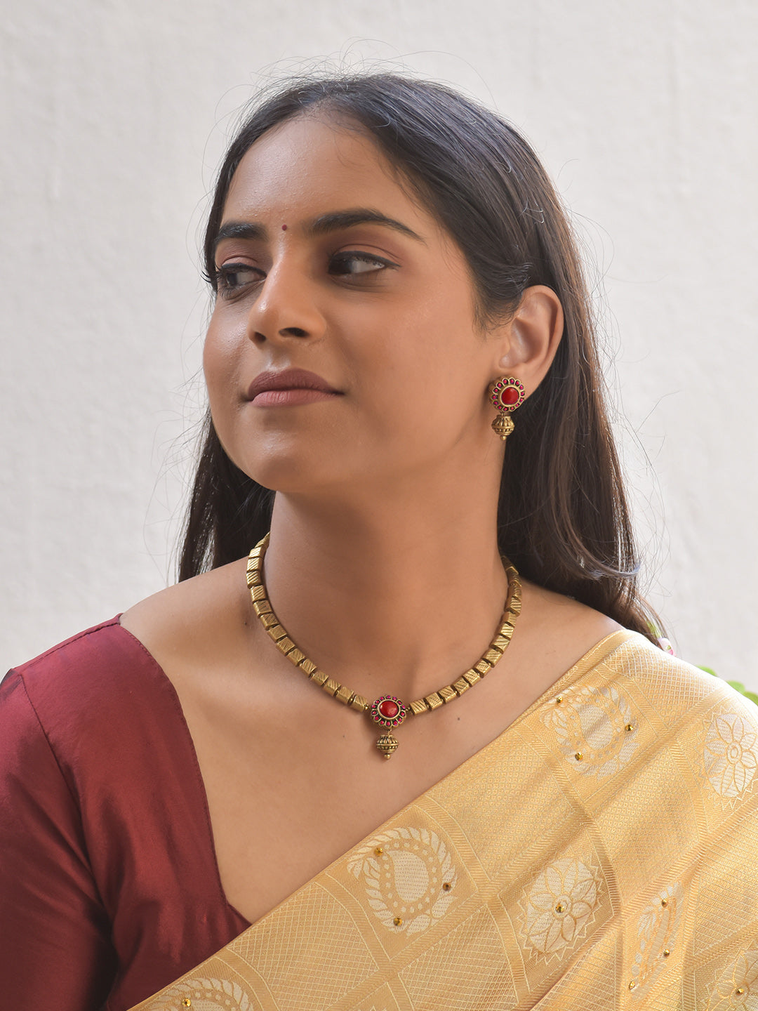 Rakta-Mani Alekhya — Terracotta Ruby Color Charm Choker Set With Studs