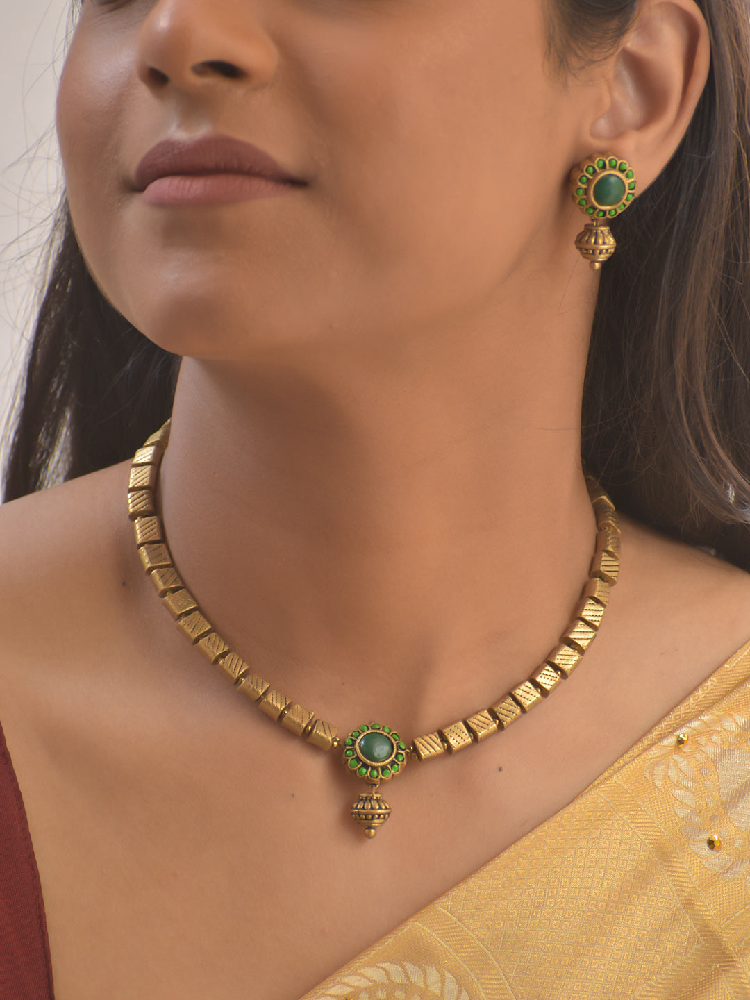 Harit-Mani Prakash — Terracotta Green Choker Set With Studs