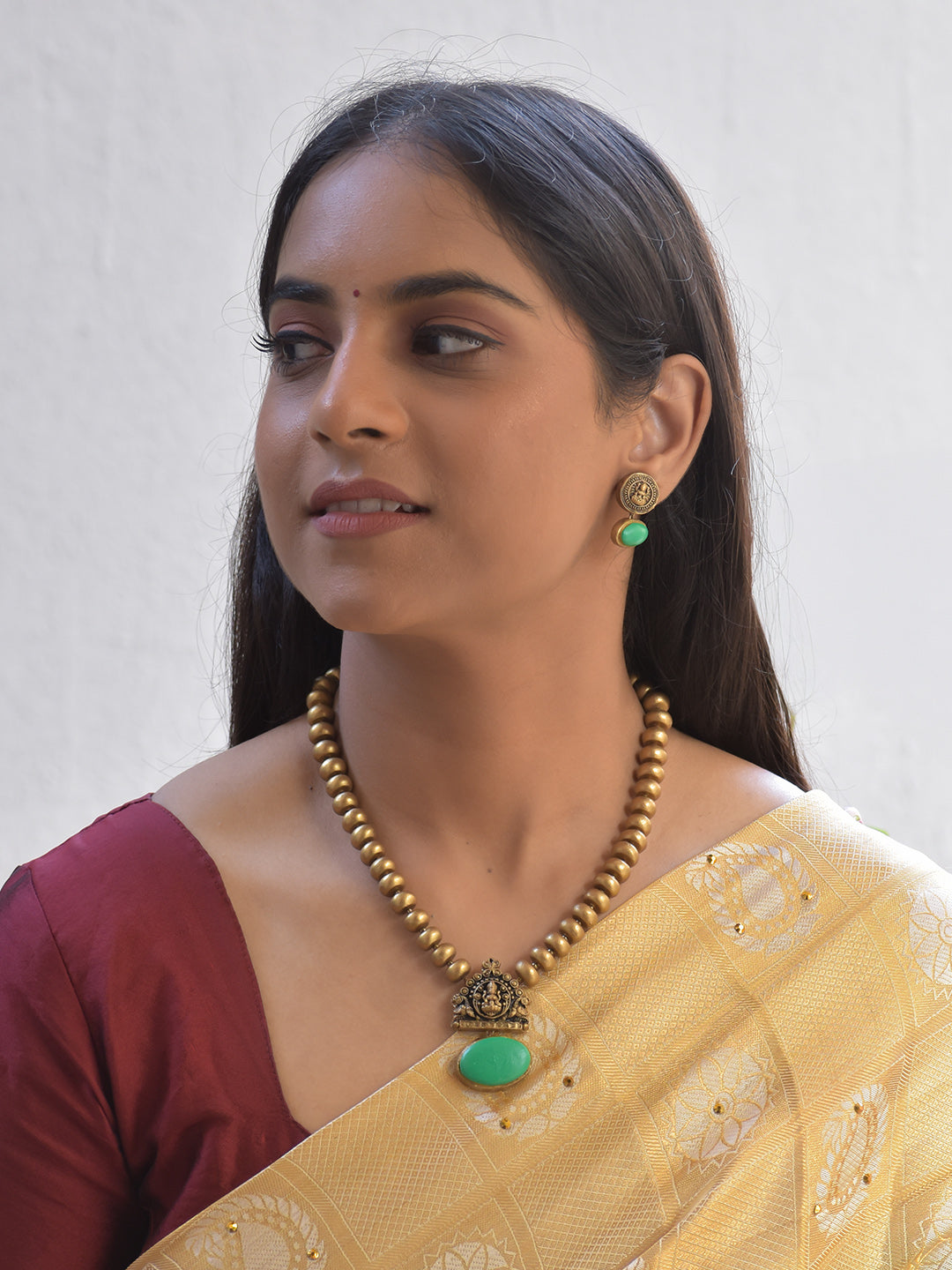 Firoza-Lakshmi Prakash — Torquoise Aura Terracotta Lakshmi Necklace Set With Jhumkas