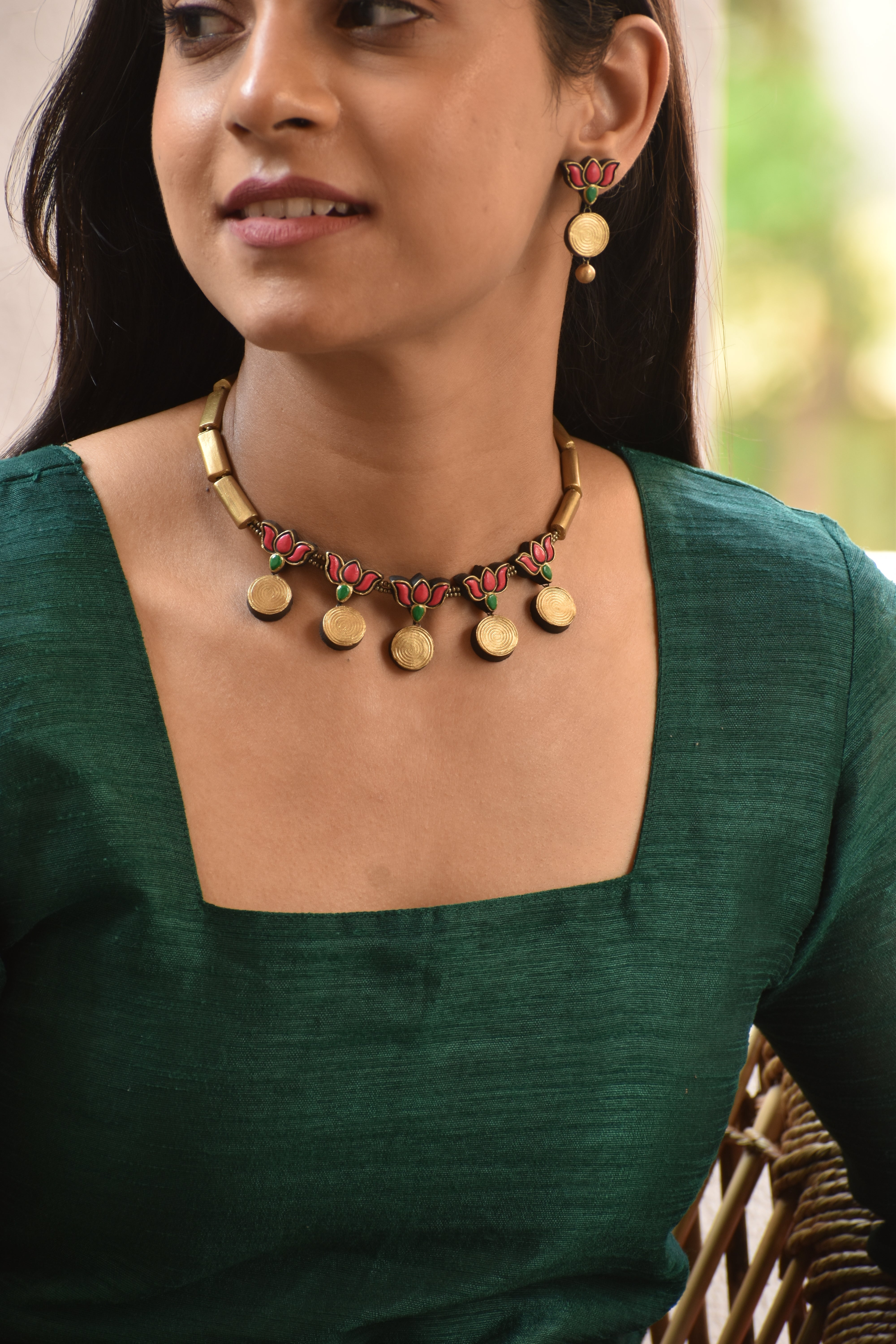 Terracotta Lotus Motif Necklace with Coin Drops