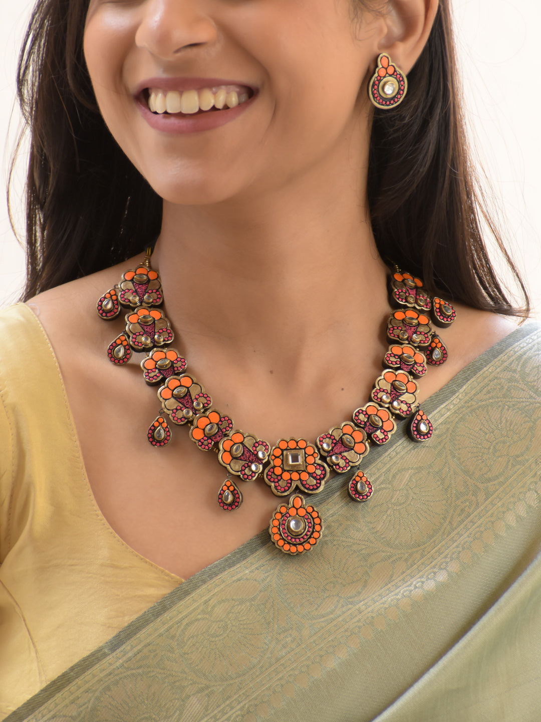 Orange, Pink & Antique Gold Floral Necklace Set