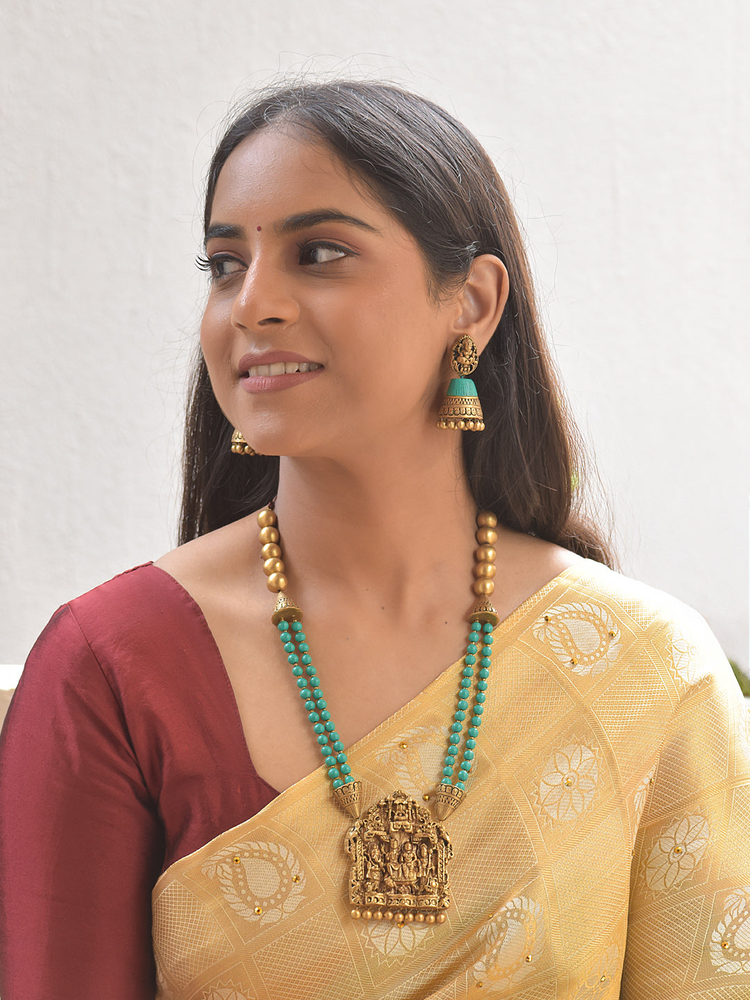 Pancha-Devata Mangala — Shiva Parvathi Ganesha Subramanya Pendant Terracotta Heritage Necklace Set With Jhumkas