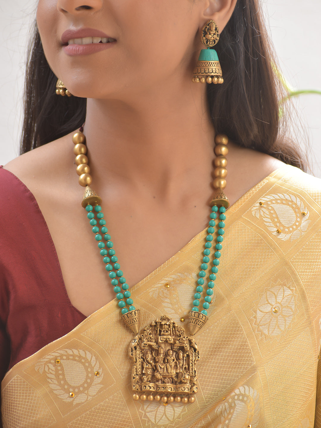 Pancha-Devata Mangala — Shiva Parvathi Ganesha Subramanya Pendant Terracotta Heritage Necklace Set With Jhumkas