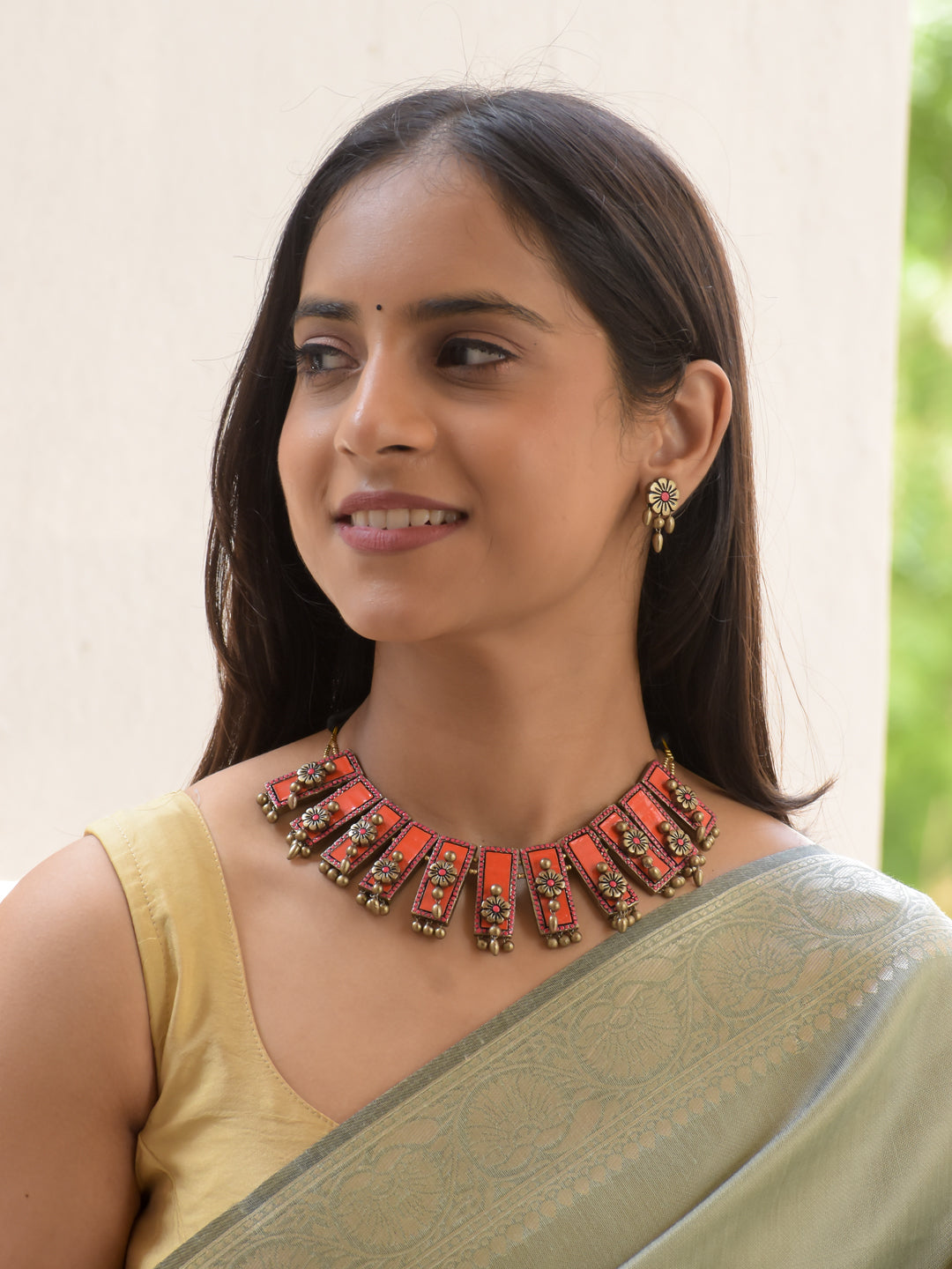 Coral Pink & Antique Gold Floral Choker Necklace Set