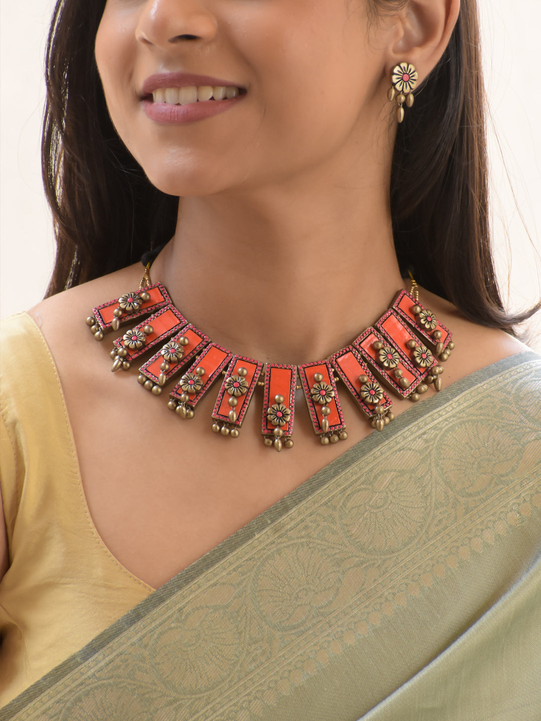 Coral Pink & Antique Gold Floral Choker Necklace Set