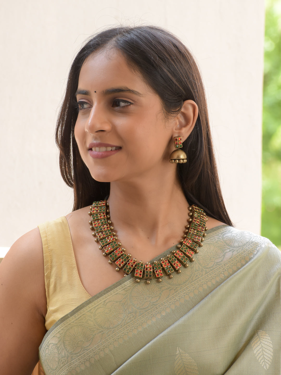 Green, Red & Antique Gold Geometric Choker Necklace Set