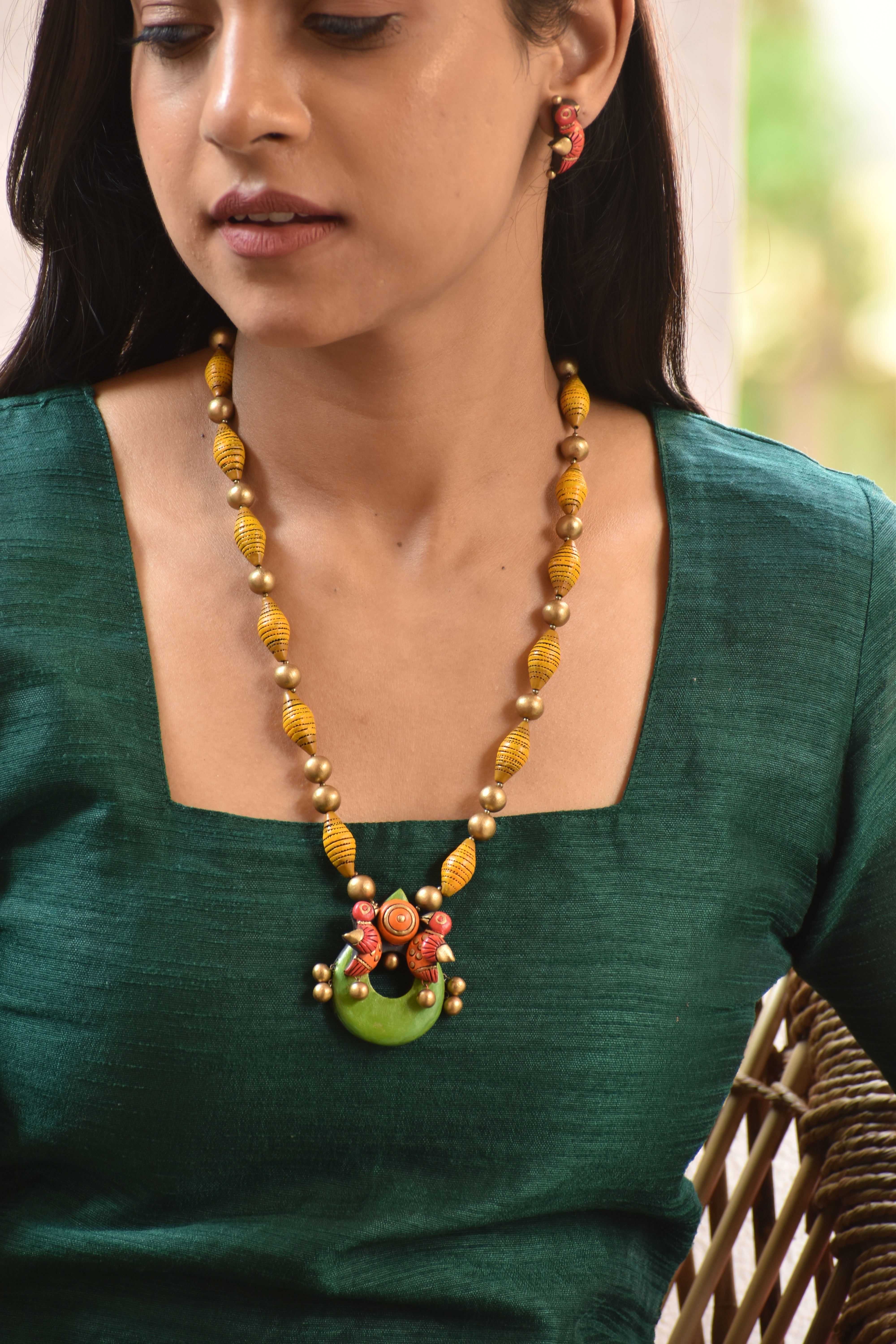 Terracotta Bird Pendant Necklace with Hand-Painted Beads